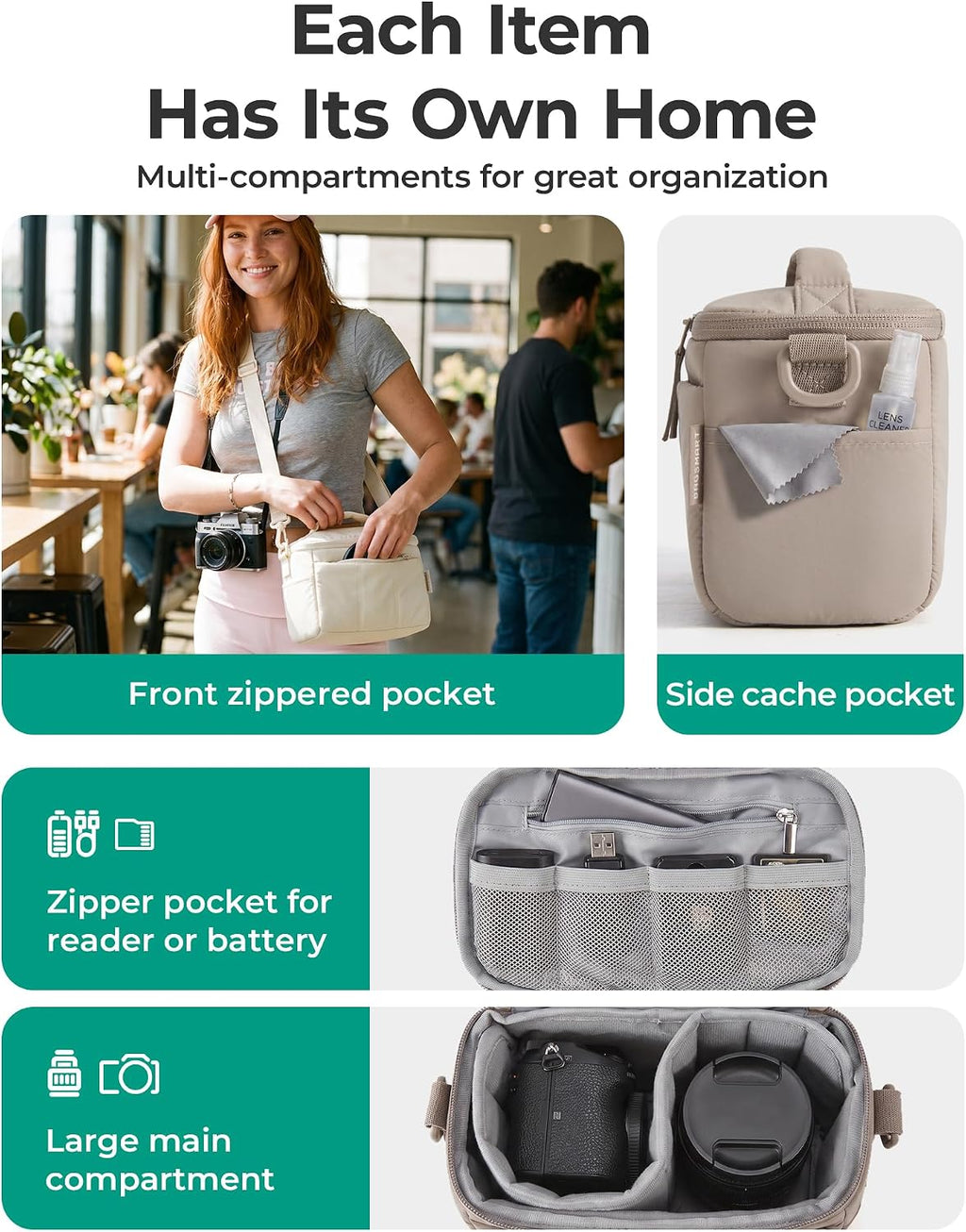 BAGSMART 2 in 1 Quilted Camera Sling Bag for Mirrorless, Charcoal Grey