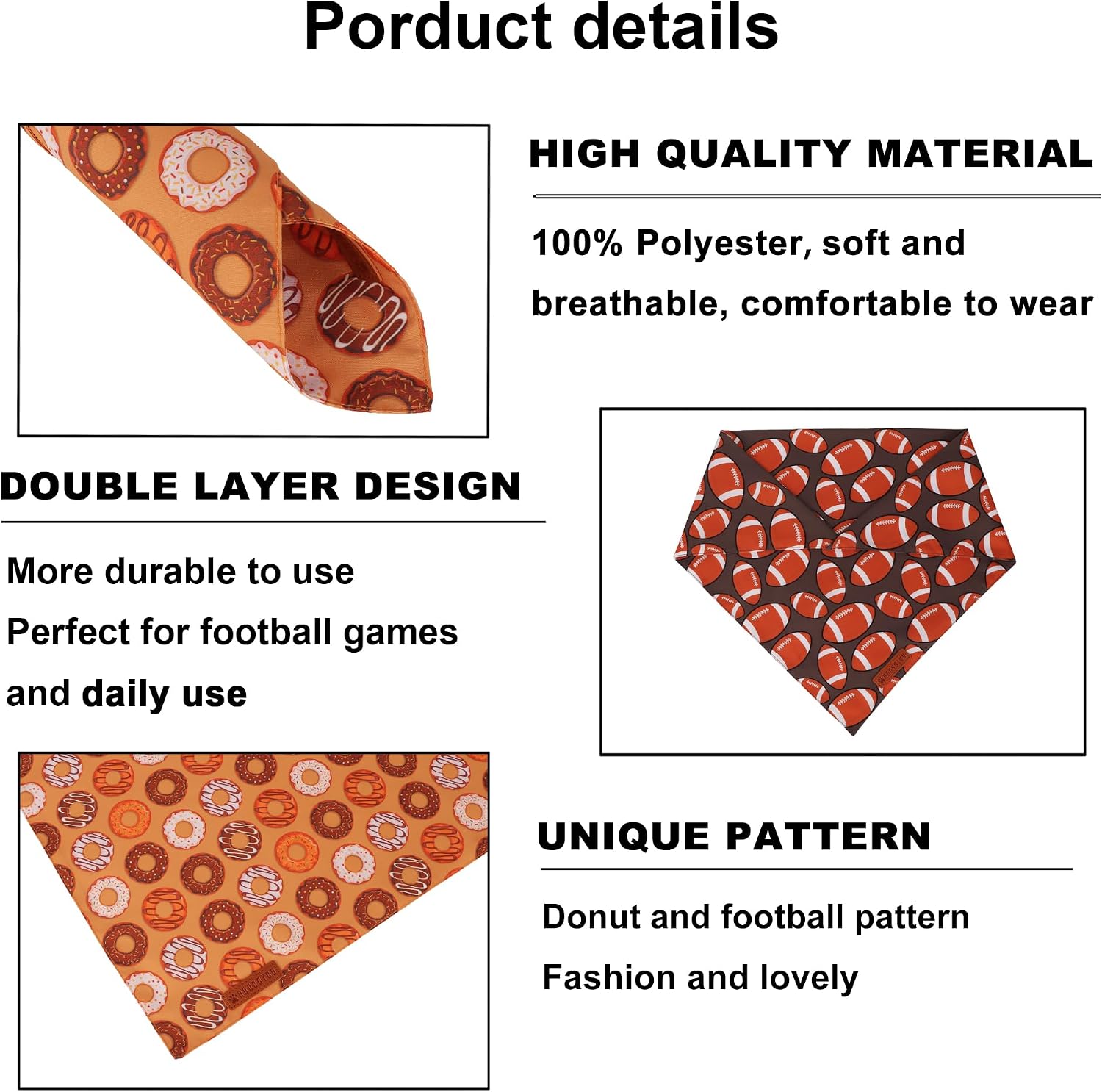 ADOGGYGO Football Dog Bandanas Boy, 2 Pack Football & Donut Scarf, X-Large