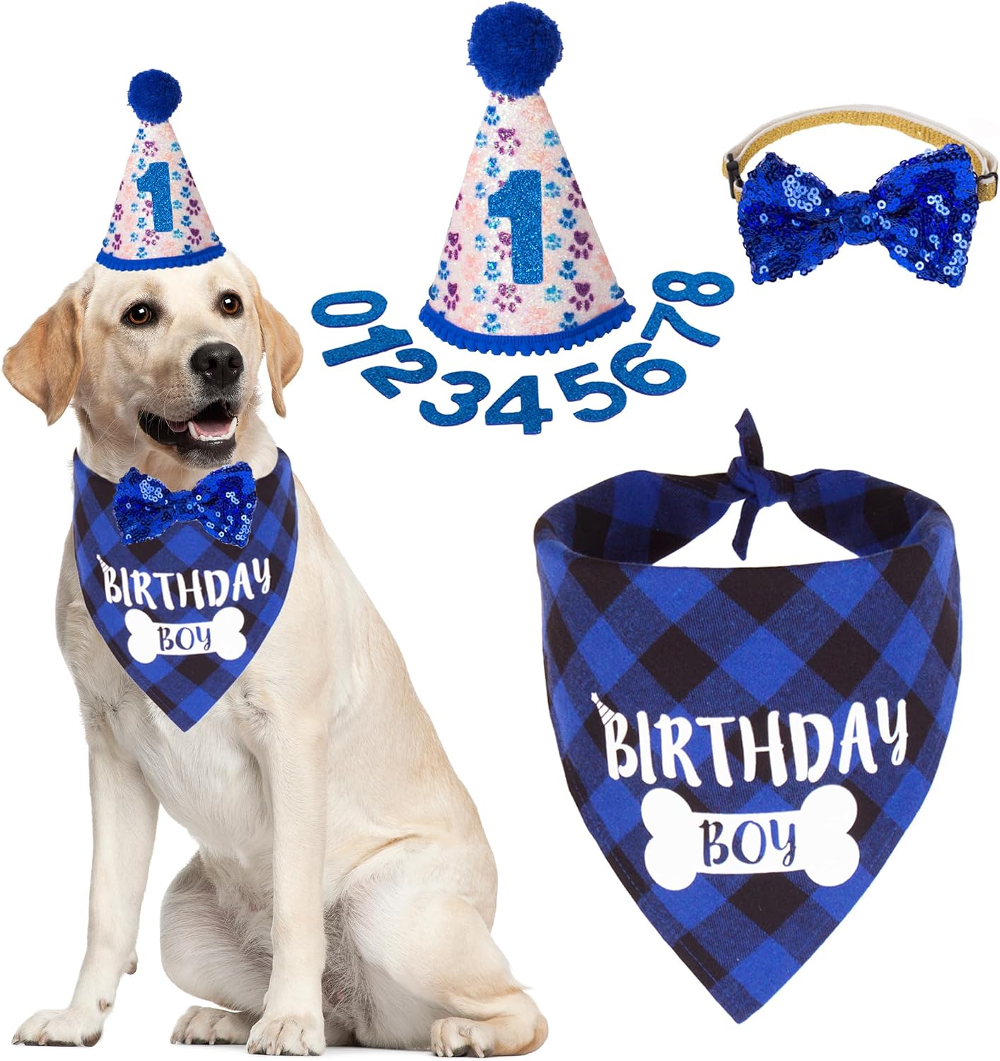 ADOGGYGO Dog Birthday Hat, Blue Plaid Birthday Boy Bandana Set, Small