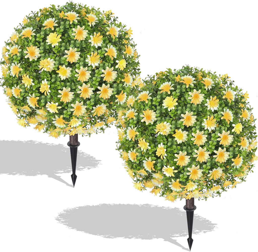 27.5" Artificial Boxwood Topiary Ball Tree, Set of 2 Fake Bushes Shrubs with Ground Spike, UV Resistant Faux Evergreen Boxwood Trees for Front Porch Planters Outdoor Garden Decor