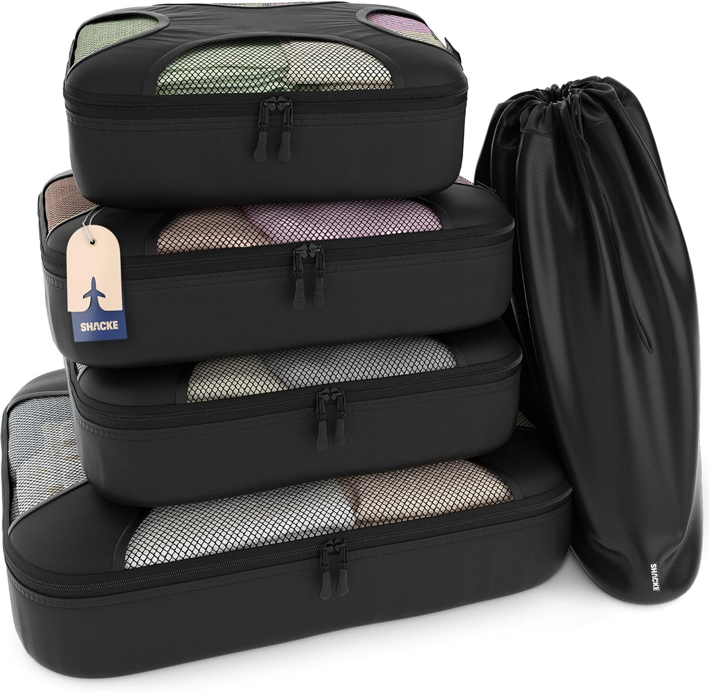 Shacke 5 Set Packing Cubes for Travel with Laundry Bag (Pure Black)