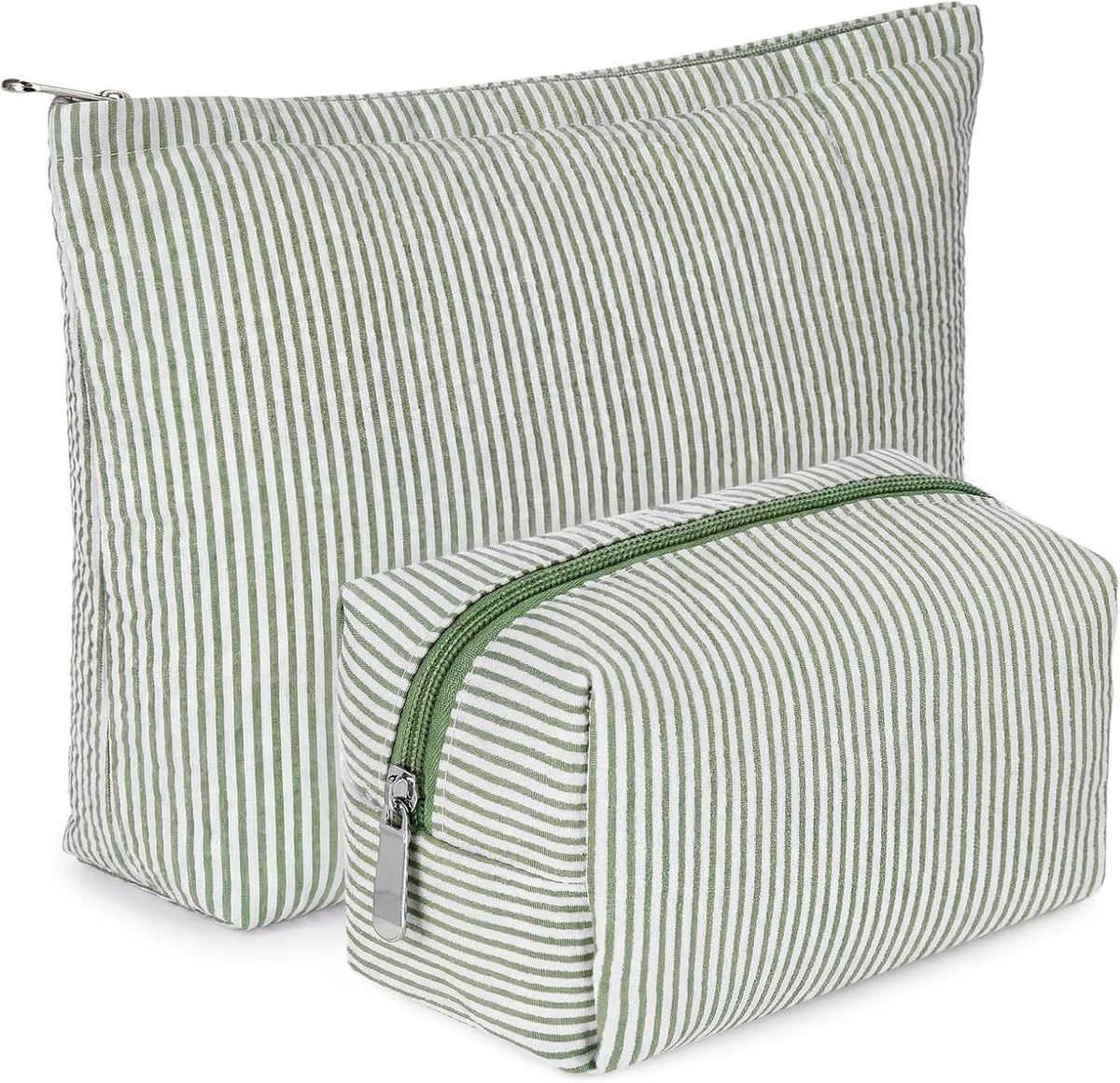 Huhumy 2 Pcs Makeup Bag Set for Women, Bean Green, Thin Stripe
