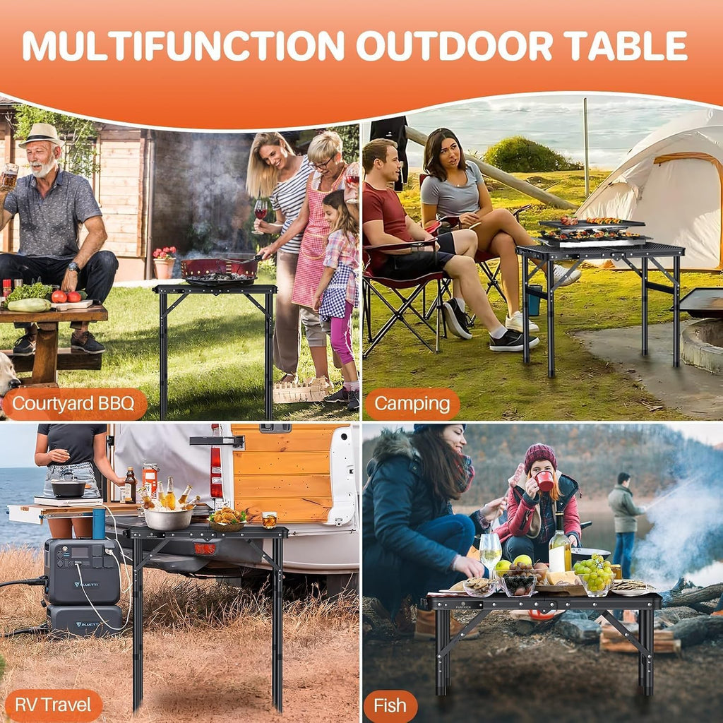 2ft Folding Grill Table 23''x16'', 3 Adjustable Heights Max 27.5'', Black