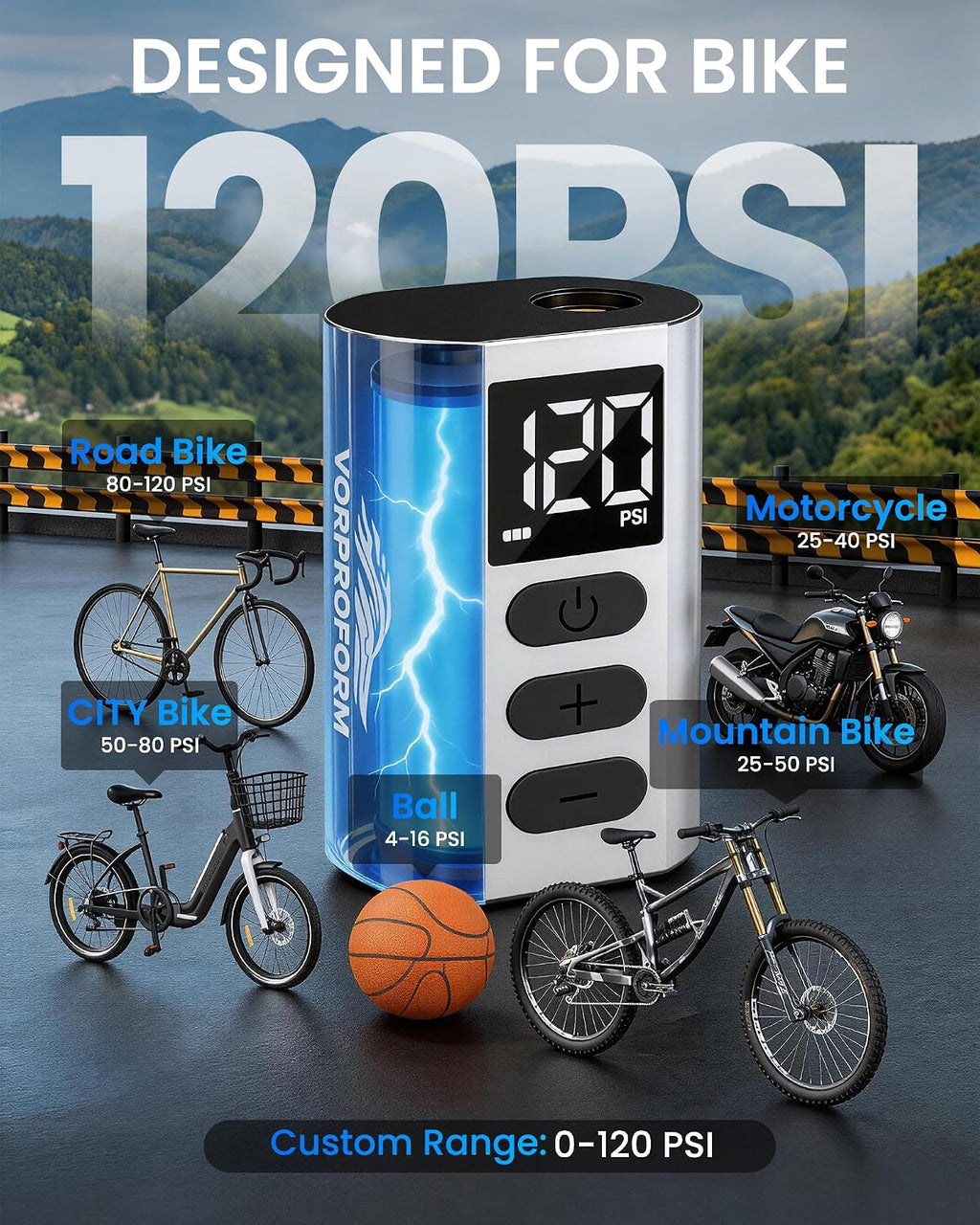 Electric Bike Pump, 120 PSI, with Presta & Schrader Valve