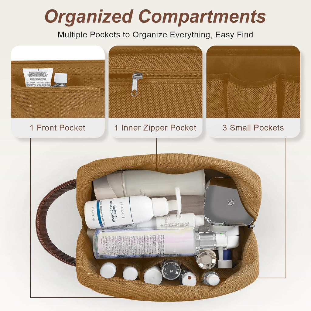 Travel Toiletry Bag for Men, Hanging Toiletry Organizer, Water Resistant Shaving Kit with Large Capacity for Travel Accessories (Brown, Medium)