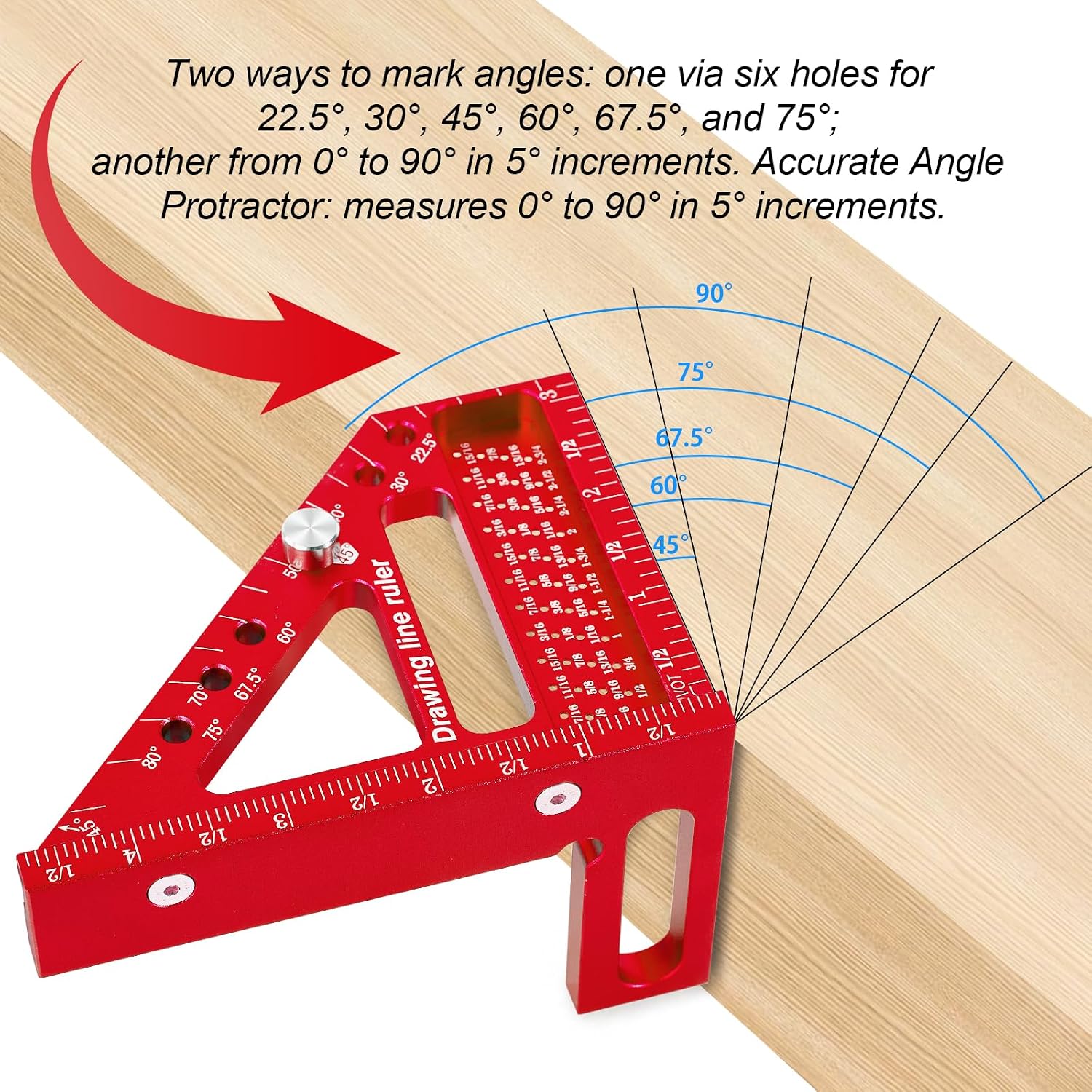 Premium Versatile Multi-Angle Carpenter Square Measuring Ruler for Woodworking, Engineering, and Construction (22.5-90 Degrees with Angle Pin) (Red)