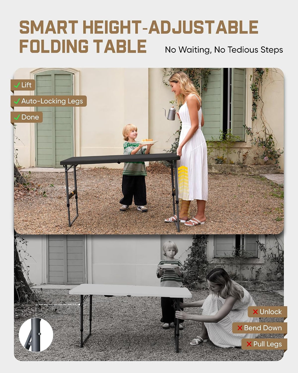 FanttikOutdoor Folding Table 4 Foot Quick Adjust Portable Plastic 4 Heights