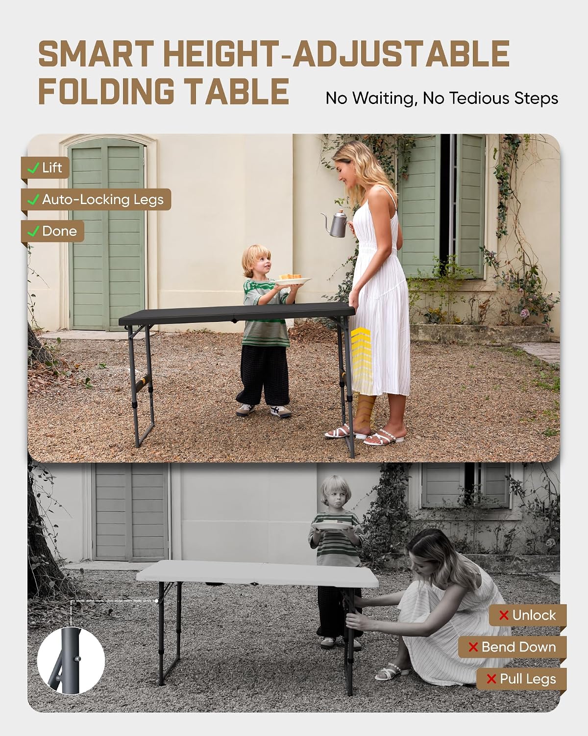 FanttikOutdoor Folding Table 4 Foot Quick Adjust Portable Plastic 4 Heights