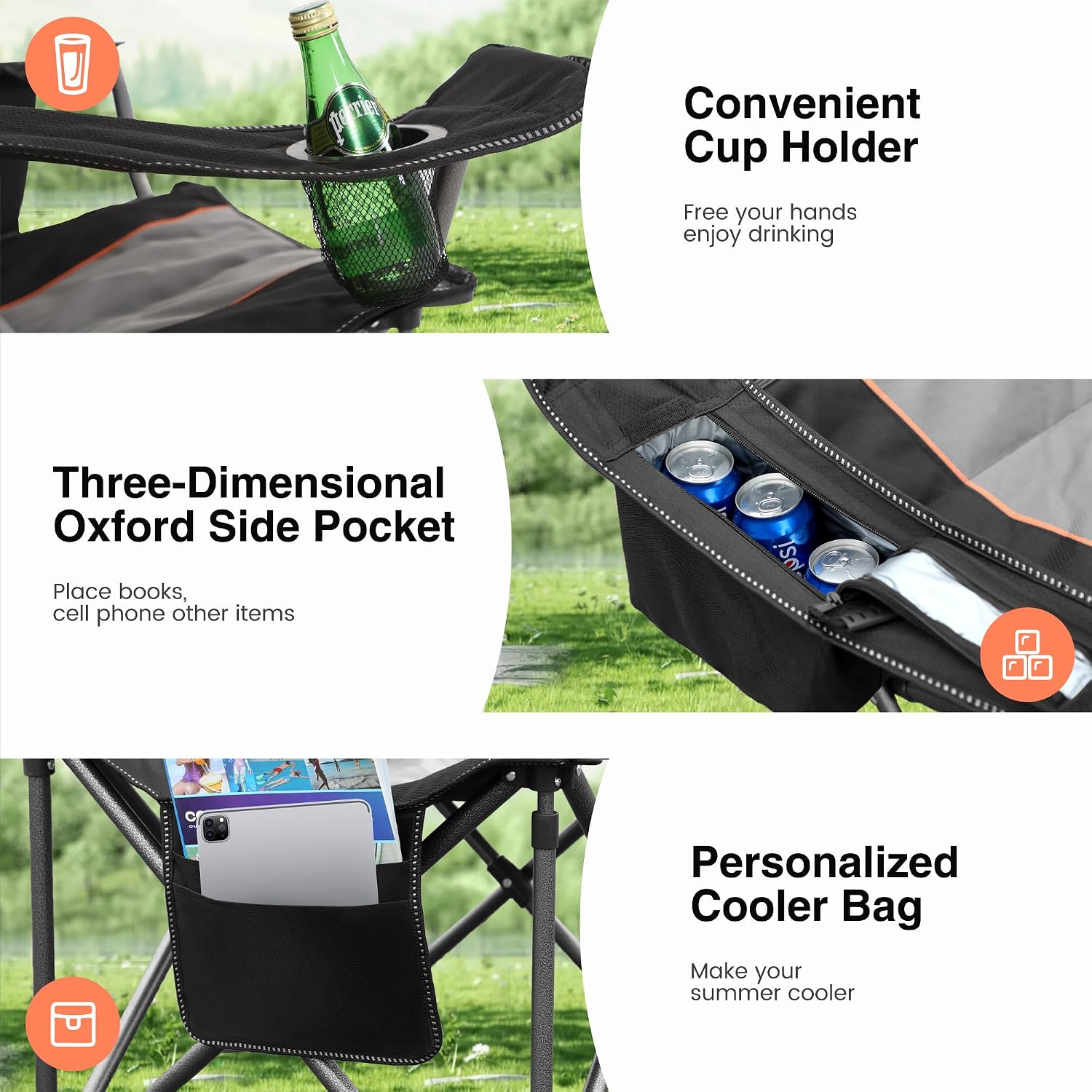 Heavy Duty Oversized Portable Folding Camping Chairs Support 450 LBS Black