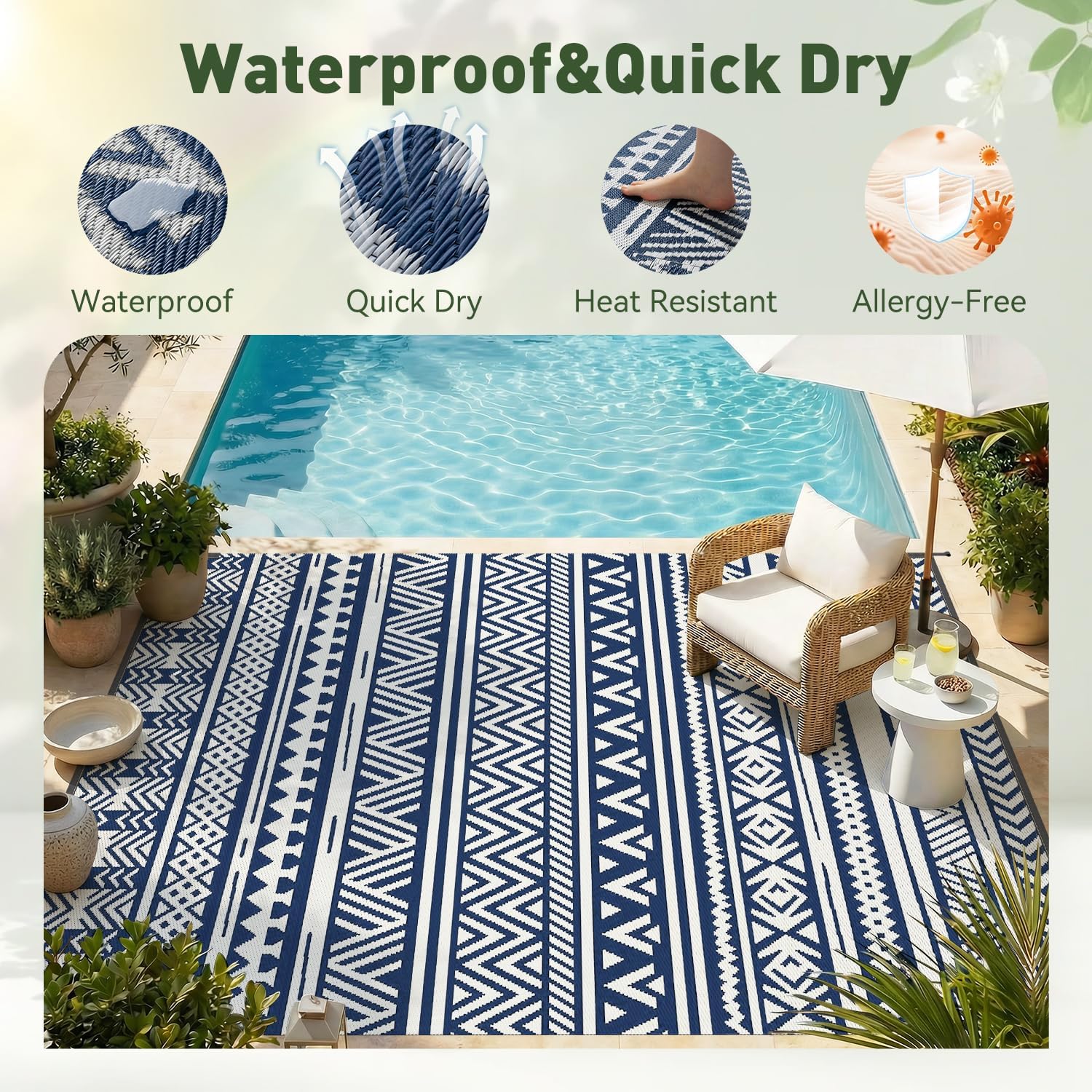 MontVoo Outdoor Rug Carpet Waterproof 6x9 Outdoor Patio Rug Mat Reverisble Plastic Straw Outdoor Rug for RV Camping Picnic Beach Balcony Boho Navy Blue
