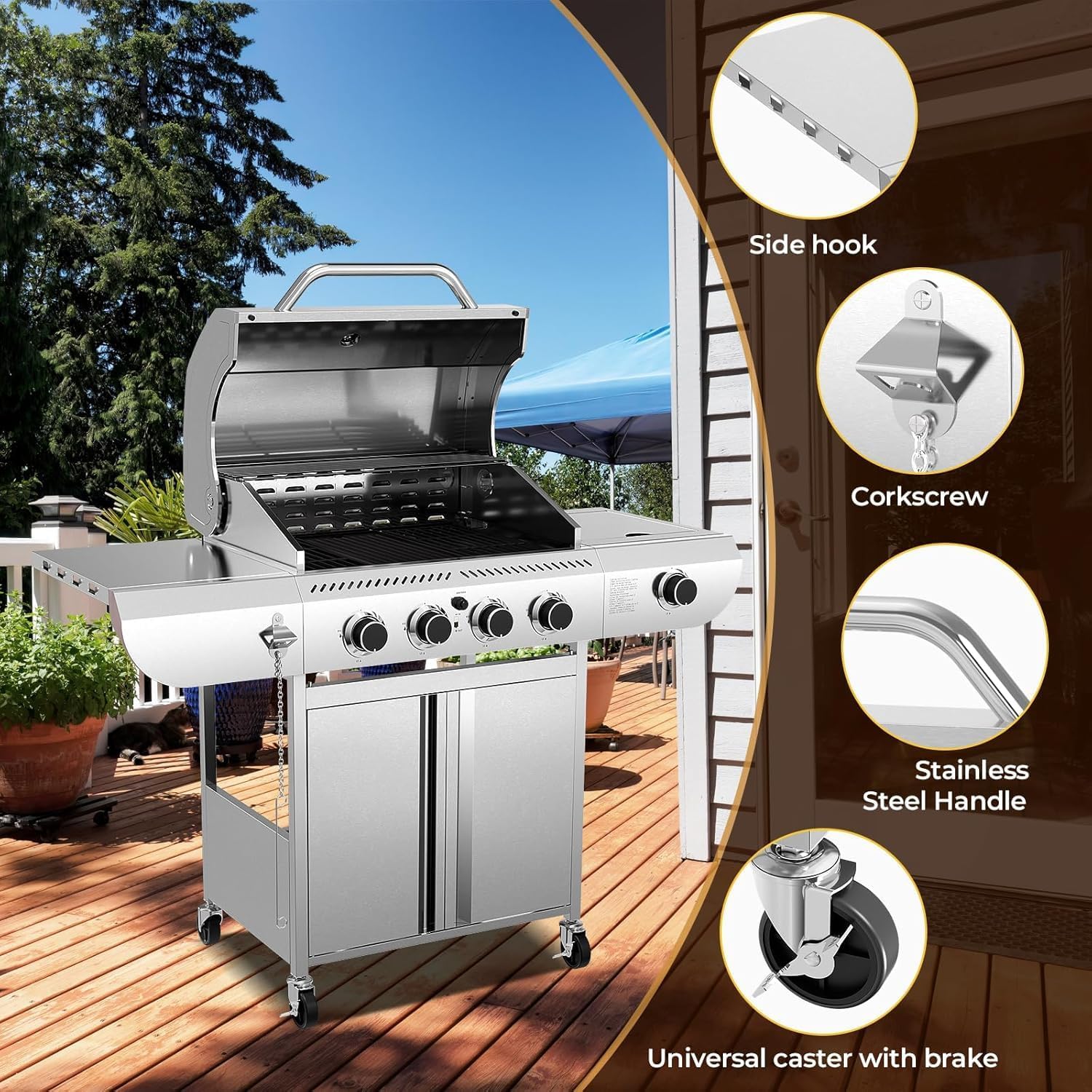 R.W.FLAME 4-Burner Gas Grill with Side Burner, Stainless Steel Propane Grill 42000BTU for Outdoor Cooking, with Porcelain-Enameled Grates, Baking Pan, Silver