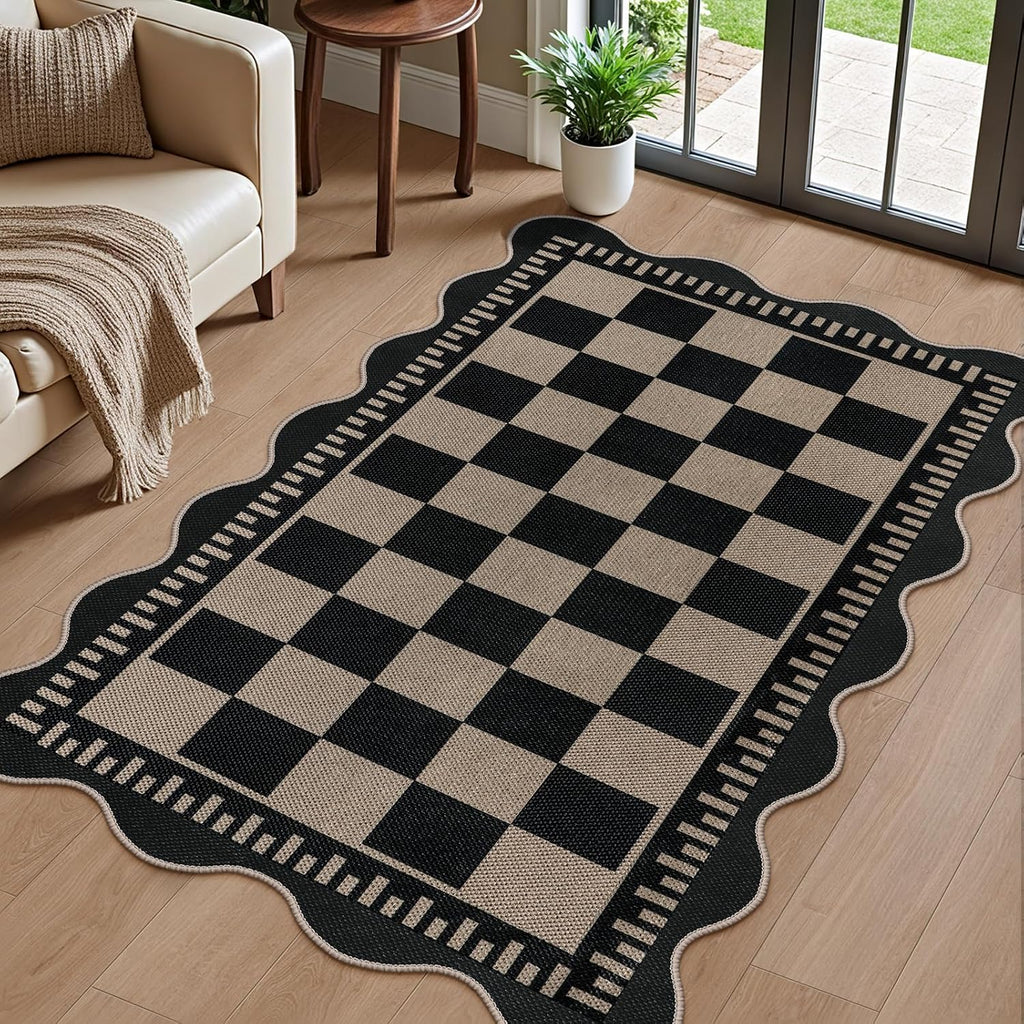 Checkered Easy Jute 3x5 Outdoor Patio Rug, Washable Rugs for Entryway Indoor Outdoor Area Rug Black Kitchen Rugs, Non-Slip Farmhouse Neutral Rug for Balcony Backyard