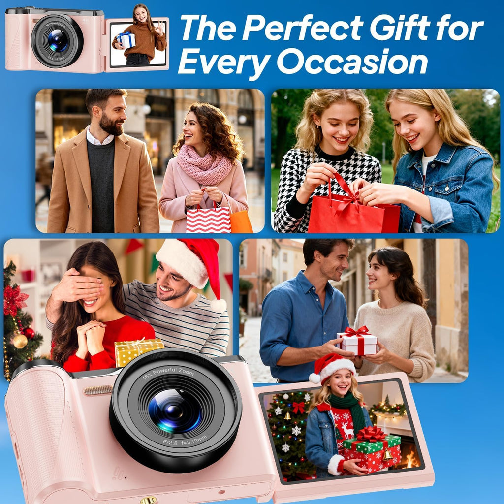 Focusinc 4K Digital Camera for Photography, Autofocus 56MP Vlogging Camera with 32GB SD Card, 3" 180° Flip Screen Compact Travel Camera for Teens Begnners with 16X Zoom,Pink
