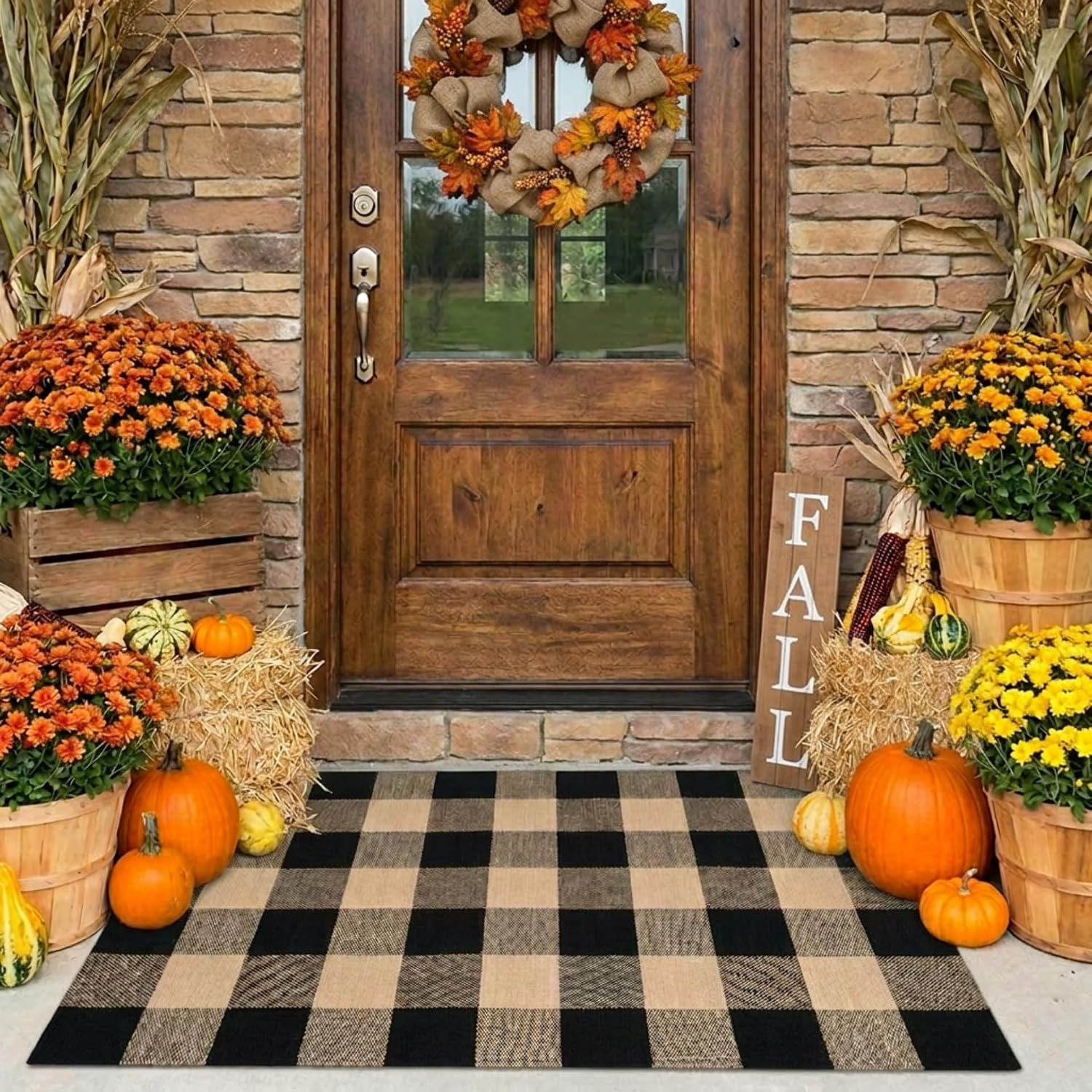 MUBIN Fall Decor Cotton Buffalo Plaid Rug, 3' x 5' Coffee Black Outdoor Rug Front Door Decorative Mat, Washable Doormat Hand-Woven Foldable Area Rug Layered Door Mats Rug for Front Porch, Entryway