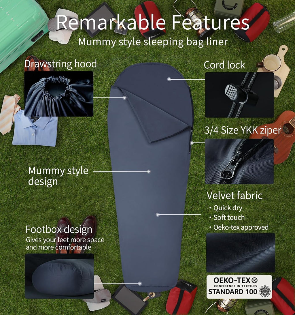 Litume Velvet Sleeping Bag Liner No Zipper Mummy Sleep Sack Backpacking, Camping, Traveling, Hotel, Hostal, Traveling, Lightweight Compact Drawstring Hood Skin Friendly