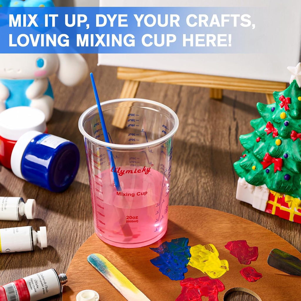 100 Pack Plastic Mixing Cups, 20 oz Measuring Cups with 100 Mixing Sticks