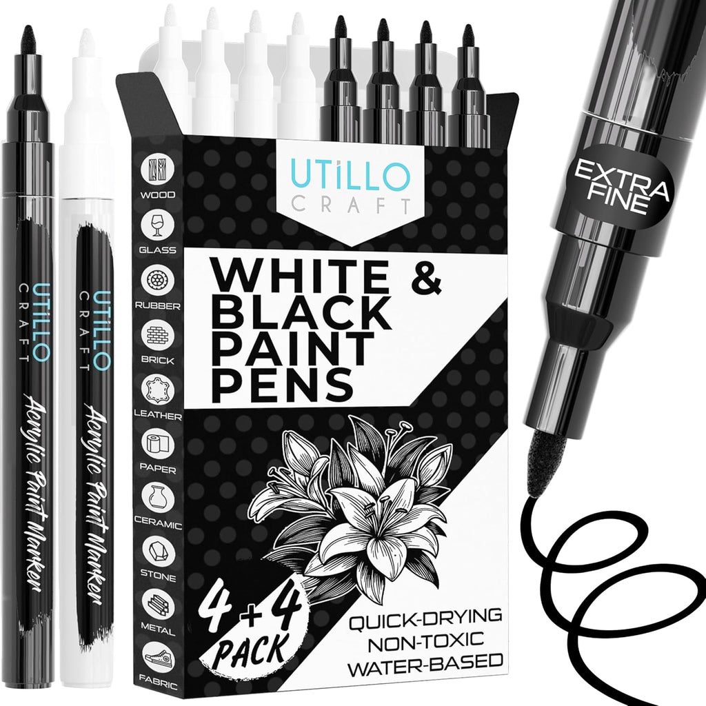 Utillo Craft Black and White Paint Pens (8-Pack), 0.7mm Extra Fine Markers