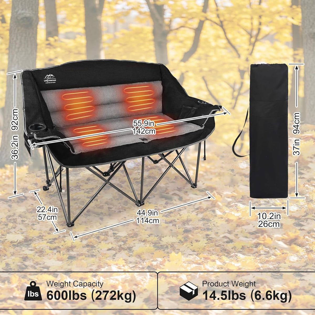 Heated Double Camping Chairs,3 Heat Levels Padded Portable Loveseat w/Wine Glass Holder,Cup Holder,Heating Outdoor Camp Couch Support 600 Lbs,Black,Battery NOT Included