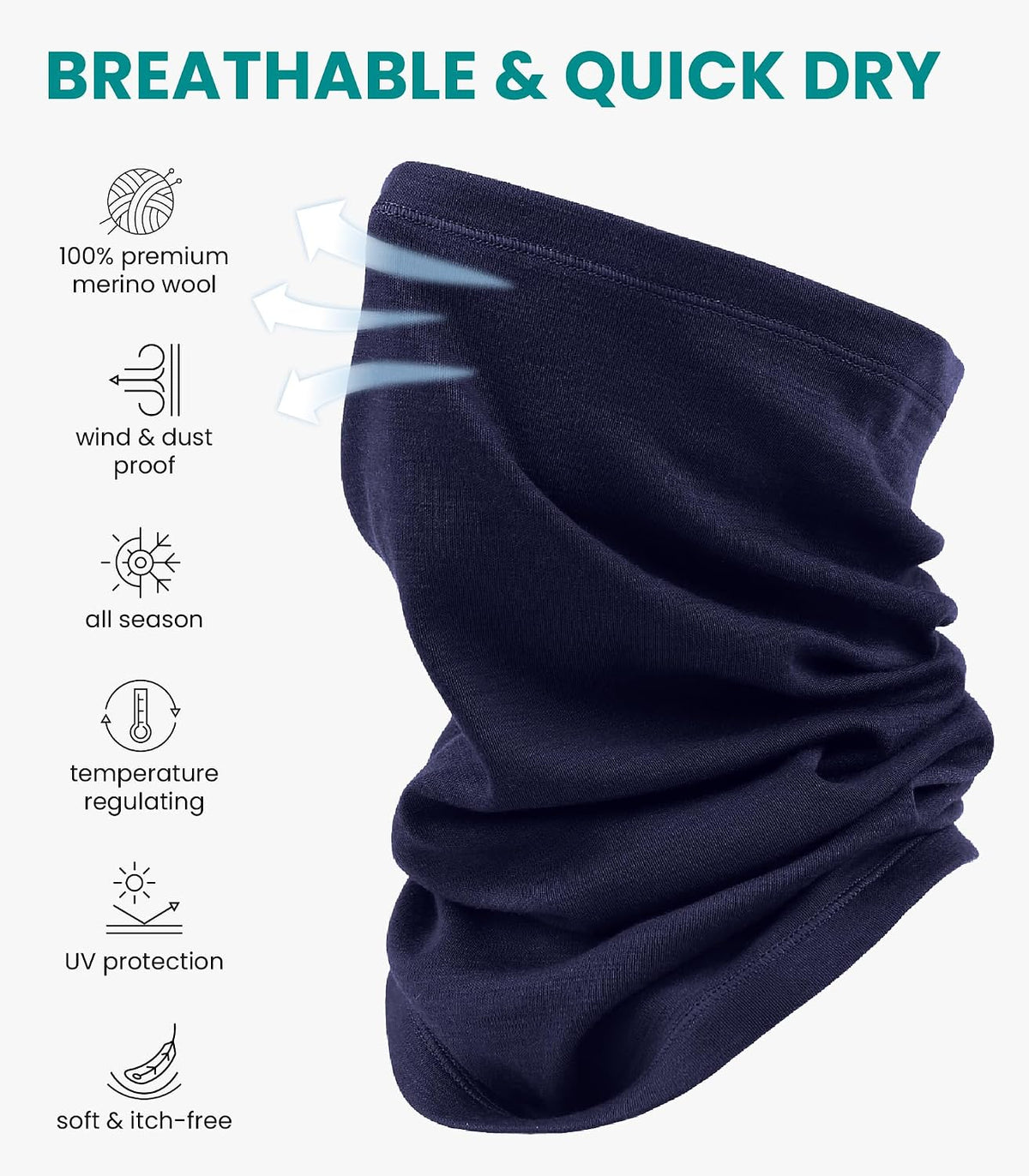 100% Merino Wool Neck Gaiter, 17.5um Face Mask, Unisex Neck Warmer 1-2 Pack