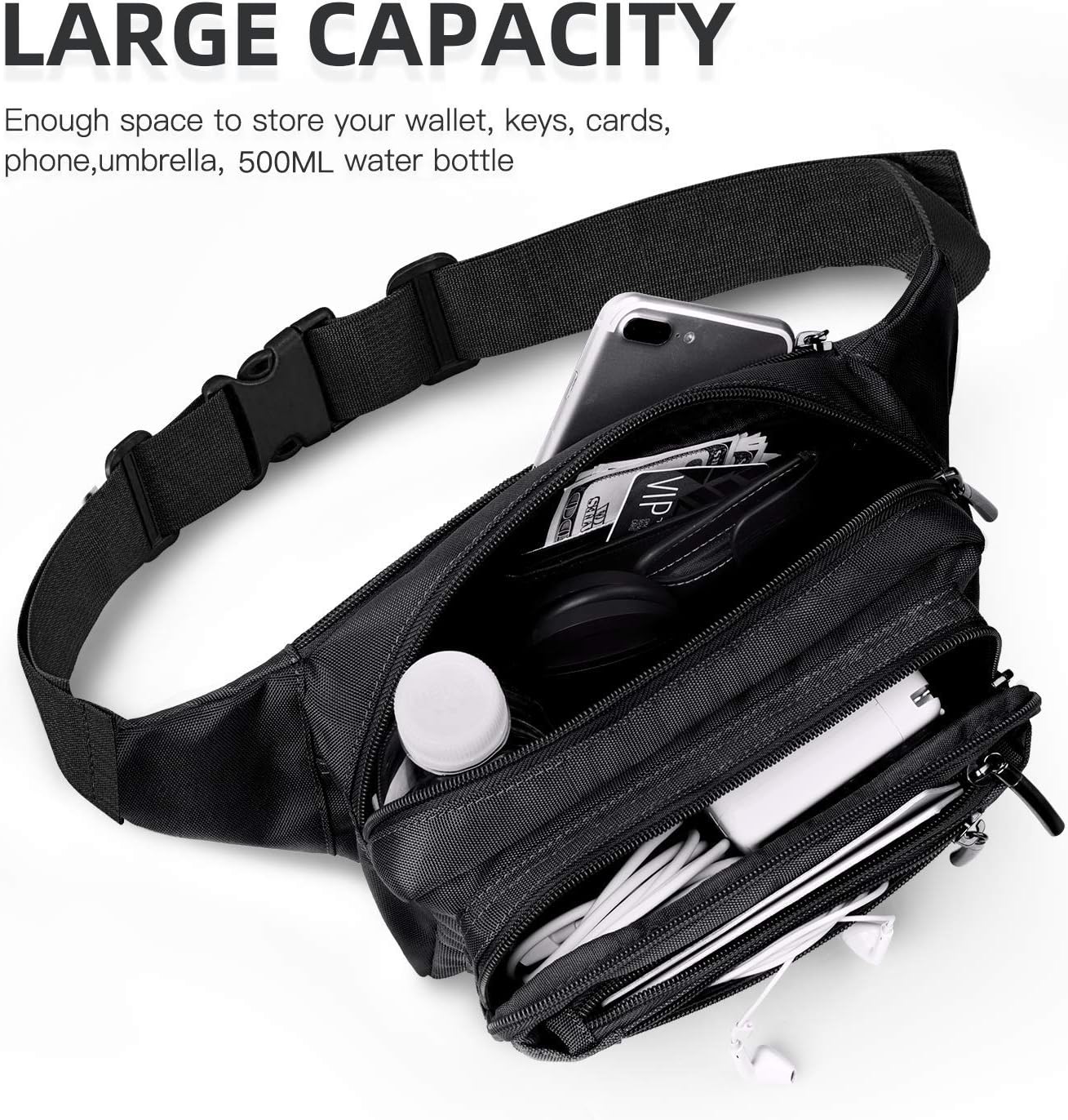 FREETOO Fanny Pack For Men Women, Large Capacity Waist Bag Black Belt Bag | 6 Pockets, Waterproof, Adjustable, Scratch-Resistant, Wear-Resistant, Travel Vacation Walking Hiking Running Park Fishing