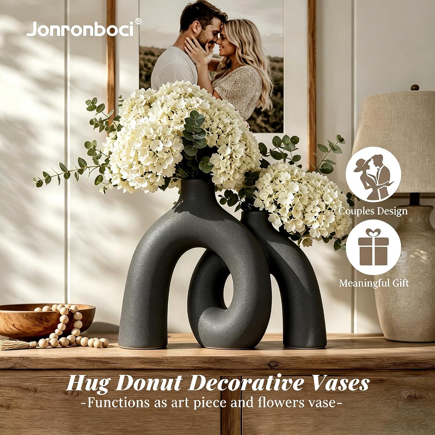 Hug Donut Decorative Vase Set - Dark Gray Modern Minimalism Industrial Style Vases Home Decor, Matte Ceramic Decorations for Living Room Shelf, Bookshelf Mantle Entryway Table or Console Décor(Gray)