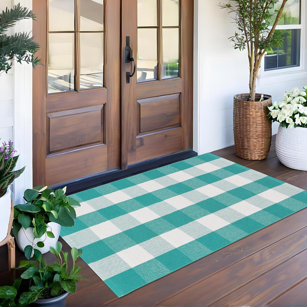 Spring Green & White Plaid Rug - 28 x 43 Inches Outdoor Front Door Decor Mat Cotton Washable Hand-Woven Rug Christmas New Year Holiday Porch Entryway Layered Doormat