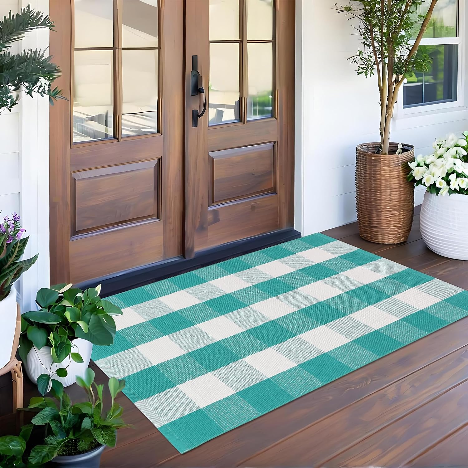 Spring Green & White Plaid Rug - 28 x 43 Inches Outdoor Front Door Decor Mat Cotton Washable Hand-Woven Rug Christmas New Year Holiday Porch Entryway Layered Doormat