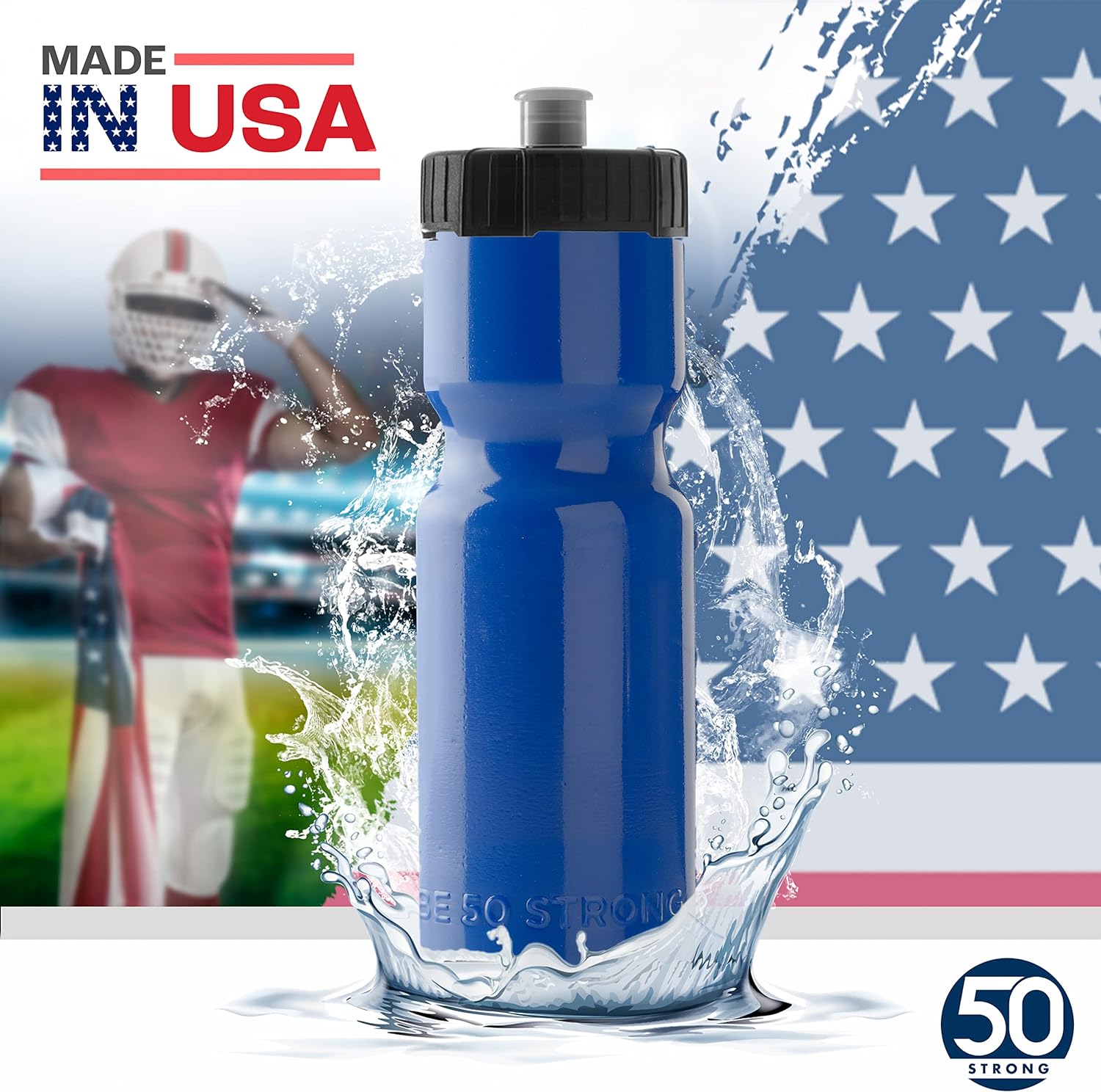 50 Strong | Bulk Water Bottles, 24-Pack, 22 oz, Sports Squeeze, Blue