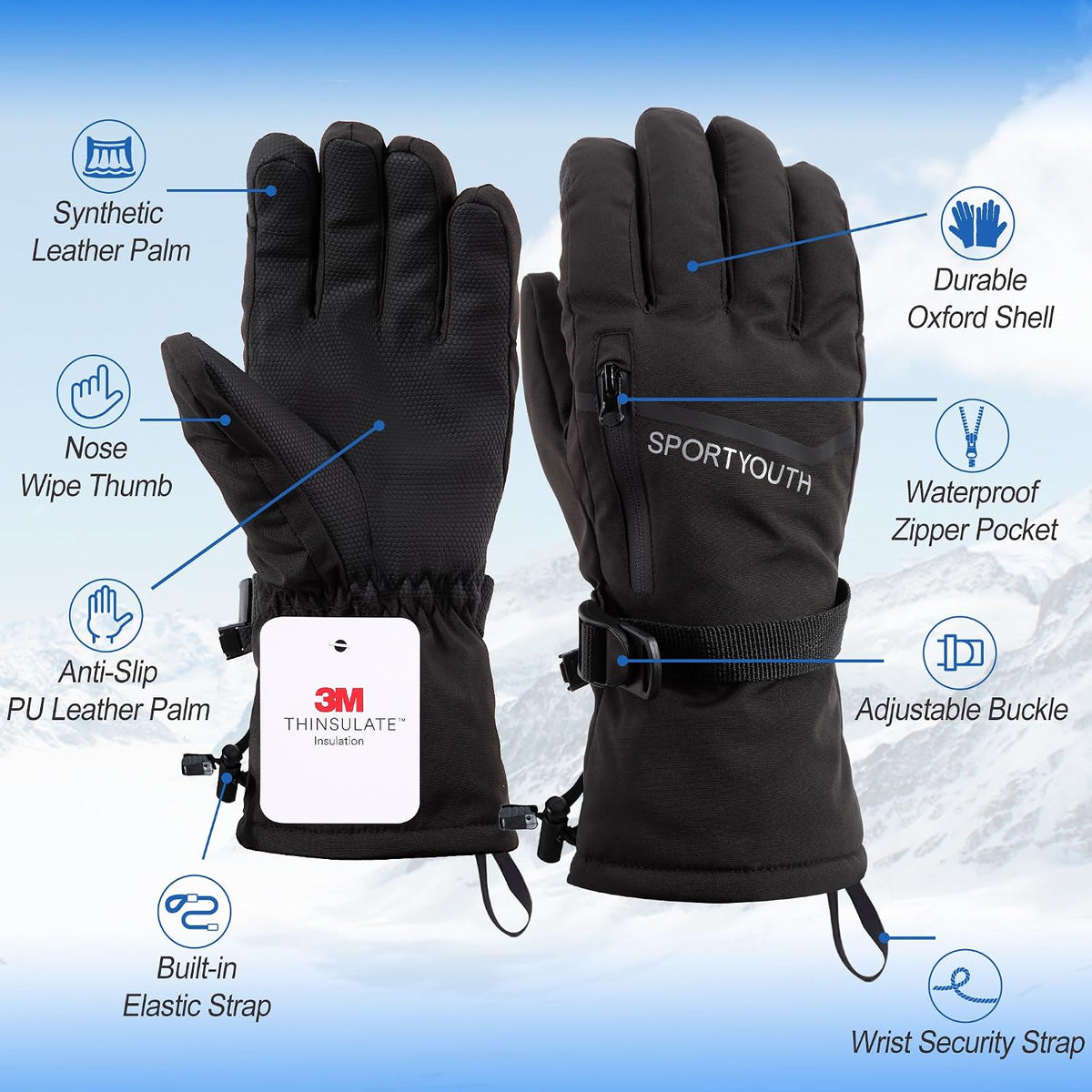 SPORTYOUTH Winter Gloves for Men Women, 3M Thinsulate Thermal Insulation