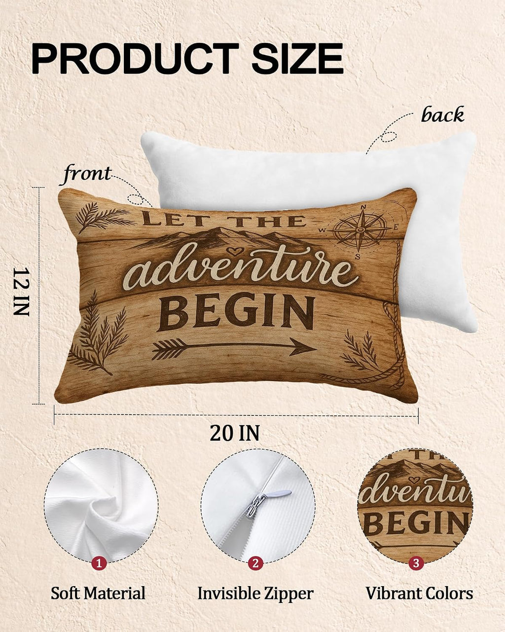 Rustic Camping Pillow Cover 12x20, Gift for Camper and Travel Lovers, Let The Adventure Begin Decorative Throw Pillow Cover Pillowcase for RV Campsite Tent Trailer Cabin Lake House