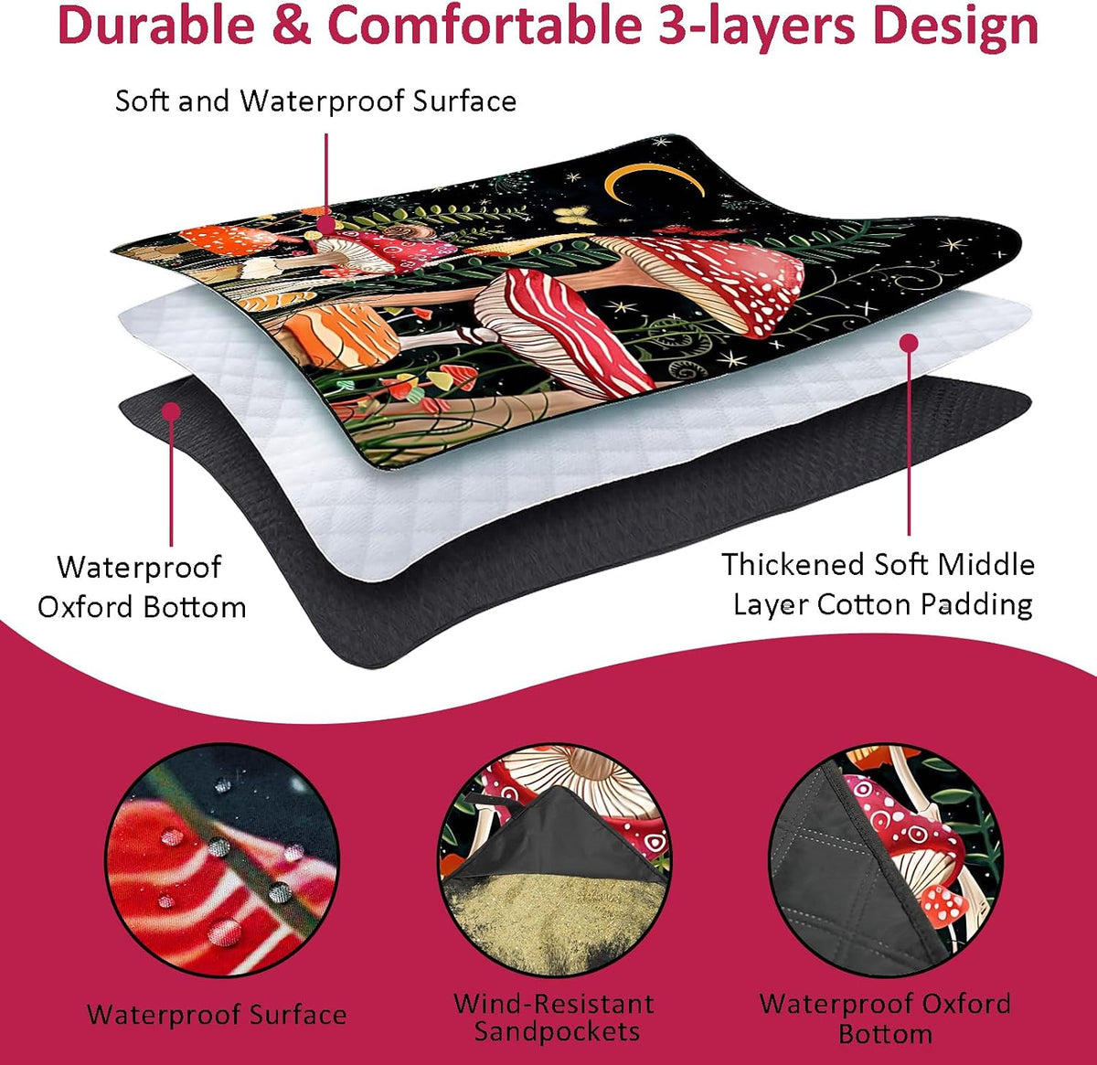 Mushroom Picnic Blankets Waterproof Foldable Picnic Outdoor Blanket 80"x 60" Picnic Mat 3-Layer Thicking Outdoor Foldable Blankets Sandproof Lightweight Beach Blankets with Strap Machine Washable