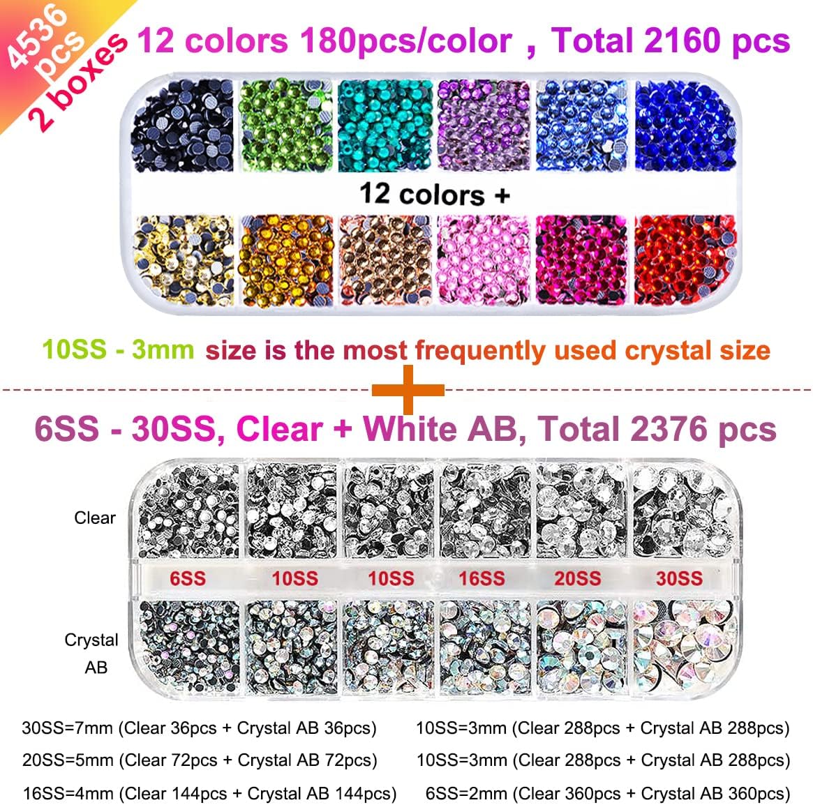 esseelove Hotfix Applicator, DIY Hot Fix Rhinestone Setter, Hot Fixed Wand Kit, 4536 Pcs, AB, Clear, 12 Colors, Gem Picker, Brush, Trays, Bag, Bedazzler Kit with Rhinestones