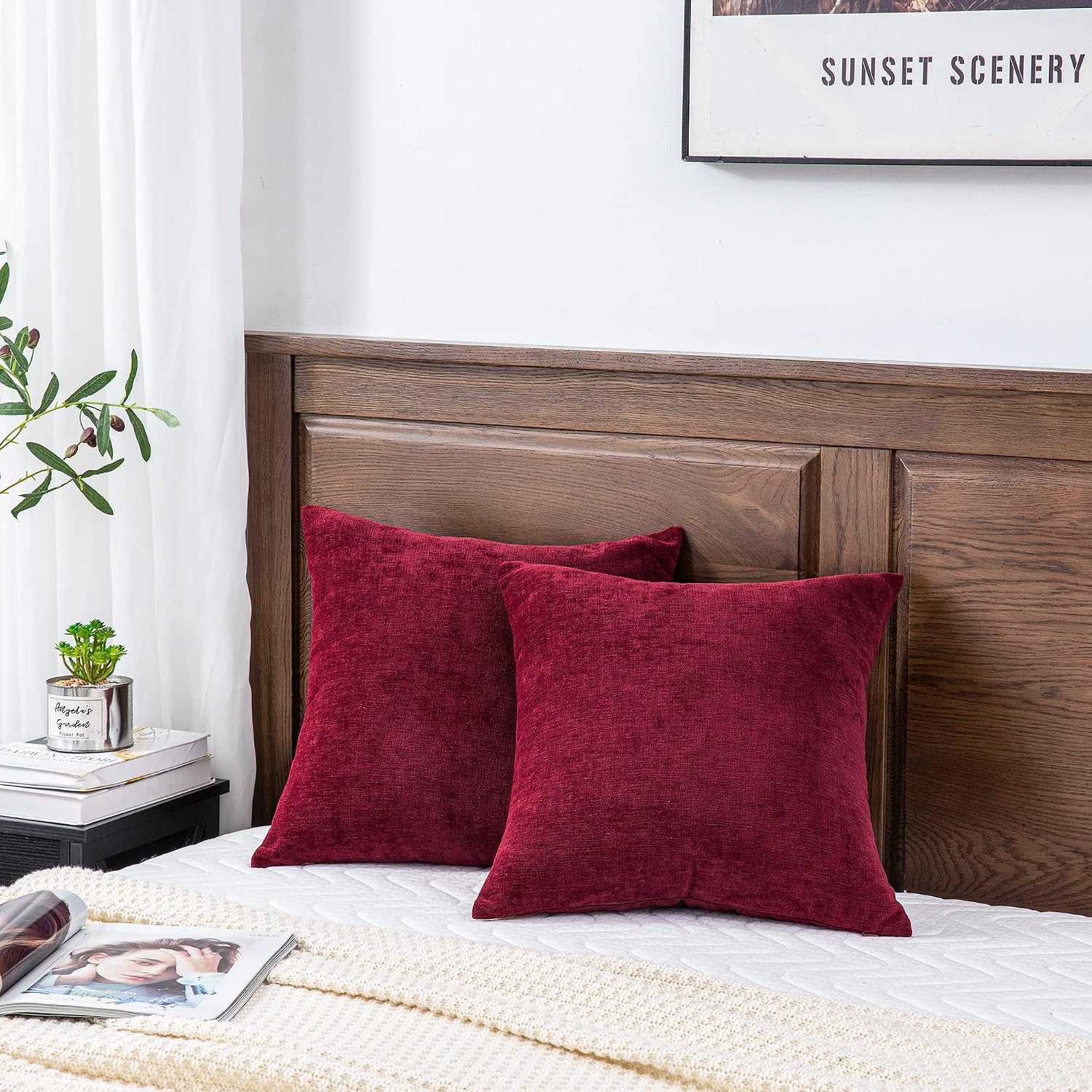 GAWAMAY Decorative Square Throw Pillow Covers 18"x18" Inch Set of 2, Super Soft Chenille Pillows Cover Fall Pillowcase for Living Room Bedroom Sofa Couch Cushion Cover Burgundy Red 45x45cm