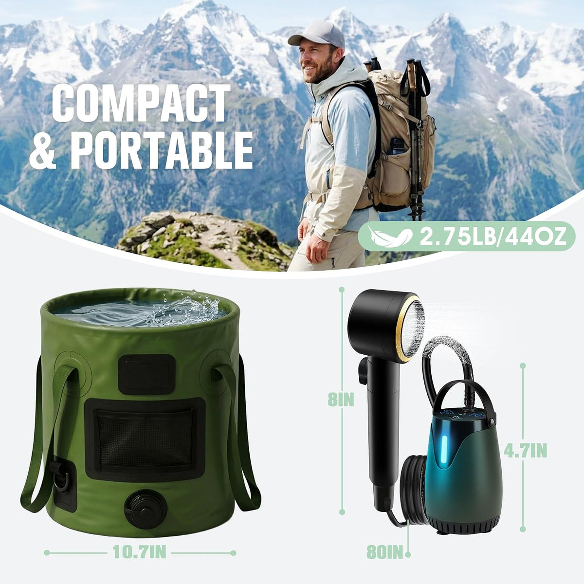 FizZeal Portable Camping Shower with LED Display & 5 Speed, 8000mAh Battery