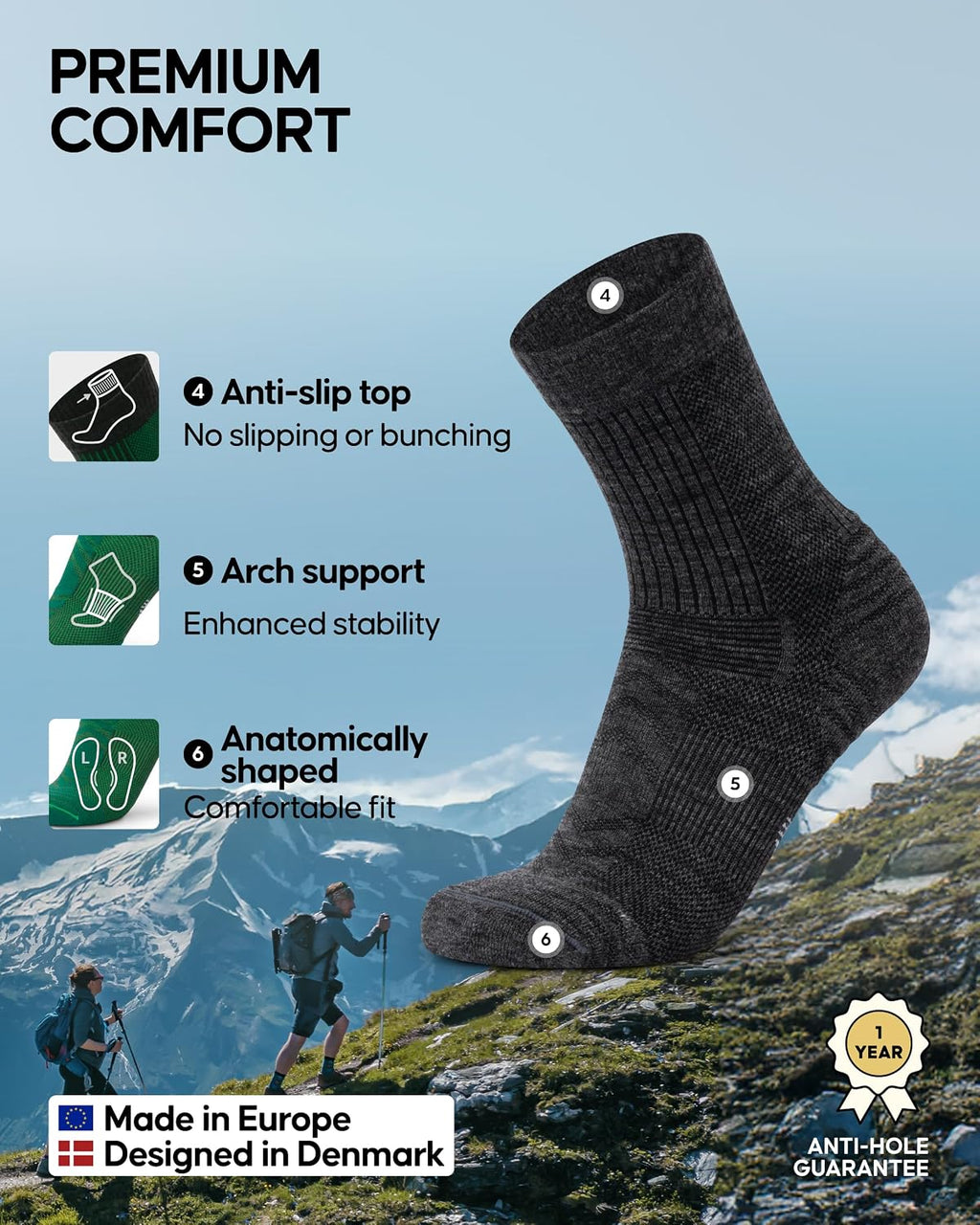 DANISH ENDURANCE Merino Wool Hiking Socks, Lightweight, 3 & 5-Pack