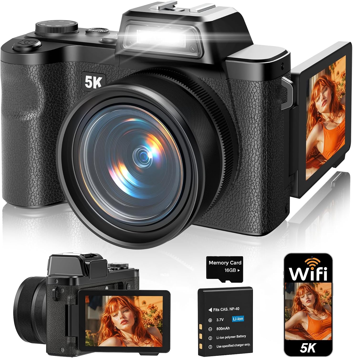 Maxmango D75 Digital Camera for Photography - 5K WiFi Vlogging Camera for YouTube 3" 180° Flip Screen 18X Digital Zoom Compact Travel Cameras with 16GB TF Card Black for Beginners