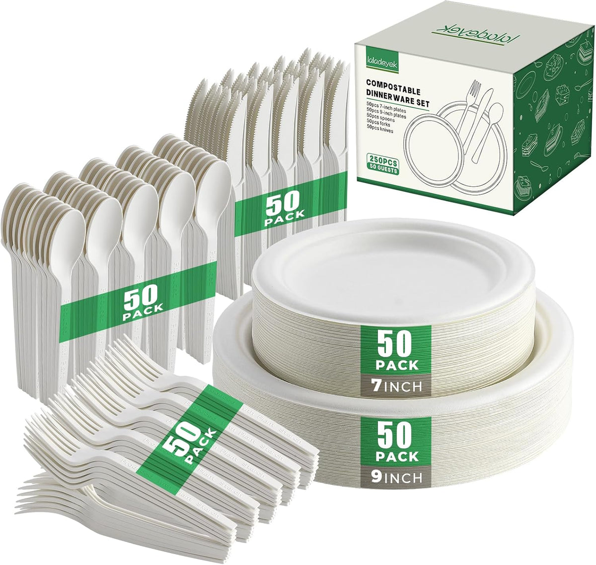 300Pcs Disposable Paper Plates Set, Compostable Plate Sugarcane Utensils Eco Friendly Dinnerware Kit Includes 50 Biodegradable Plates, Forks, Knives Napkins and Spoons for Brithday Party Camping