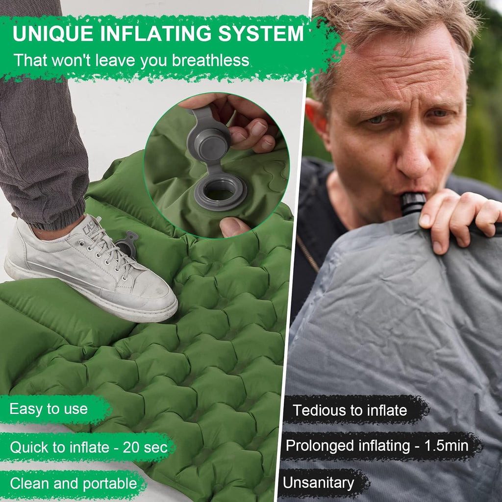 WANNTS Sleeping Pad, Ultralight Inflatable Sleeping Pad for Camping, Built-in Pump, Ultimate for Camping, Hiking - Airpad, Carry Bag, Repair Kit - Compact & Lightweight Camping Pad(Green)