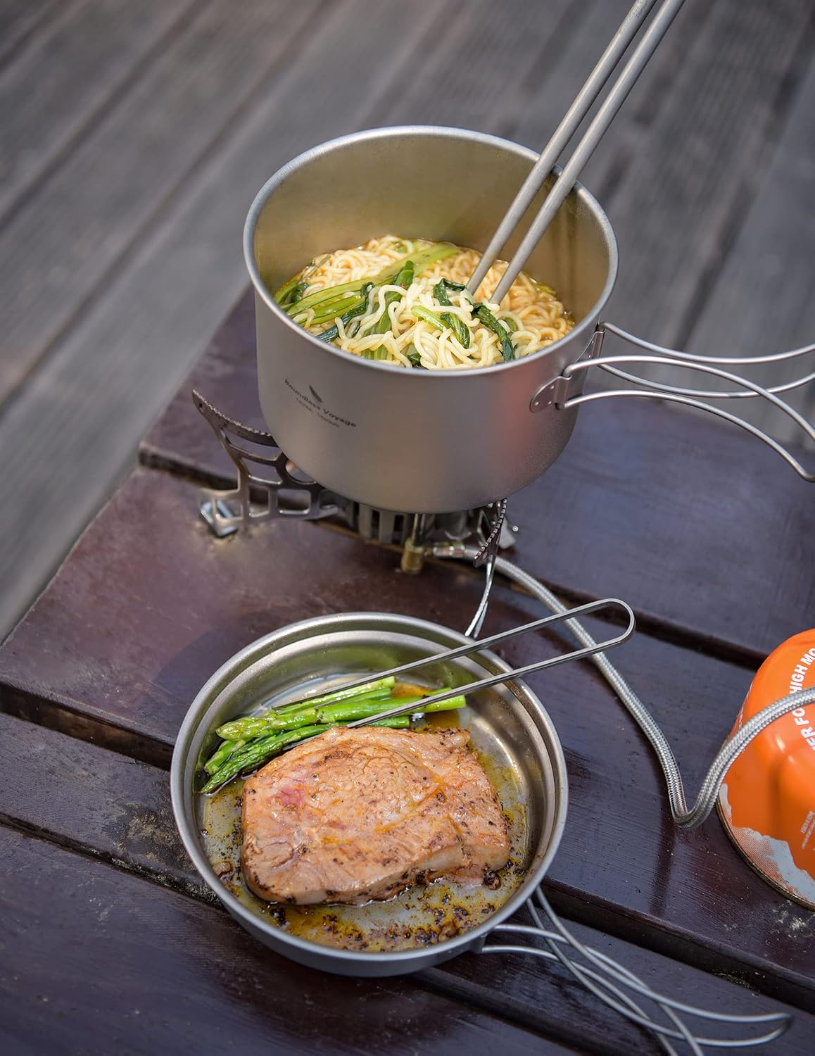 Boundless Voyage Outdoor Titanium Pot with Pan Set with Collapsible Folding Handle for Outdoor Camping Cooking Hiking Backpacking Portable Cookware