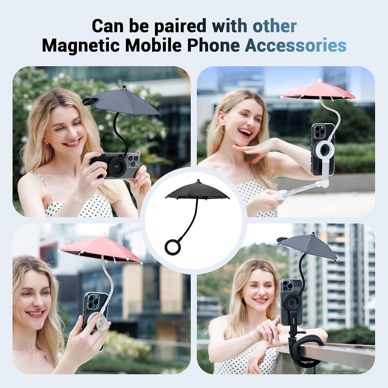 Kiorafoto Dual Magnetic Phone Umbrella for Sun,Cellphone Sunshade Shield Compatible with Magsafe Phone-Grip/Magsafe Car Phone-Holder,UPF45+ Phone Umbrella for iPhone 17 16 15 Pro Max Anti-Glare