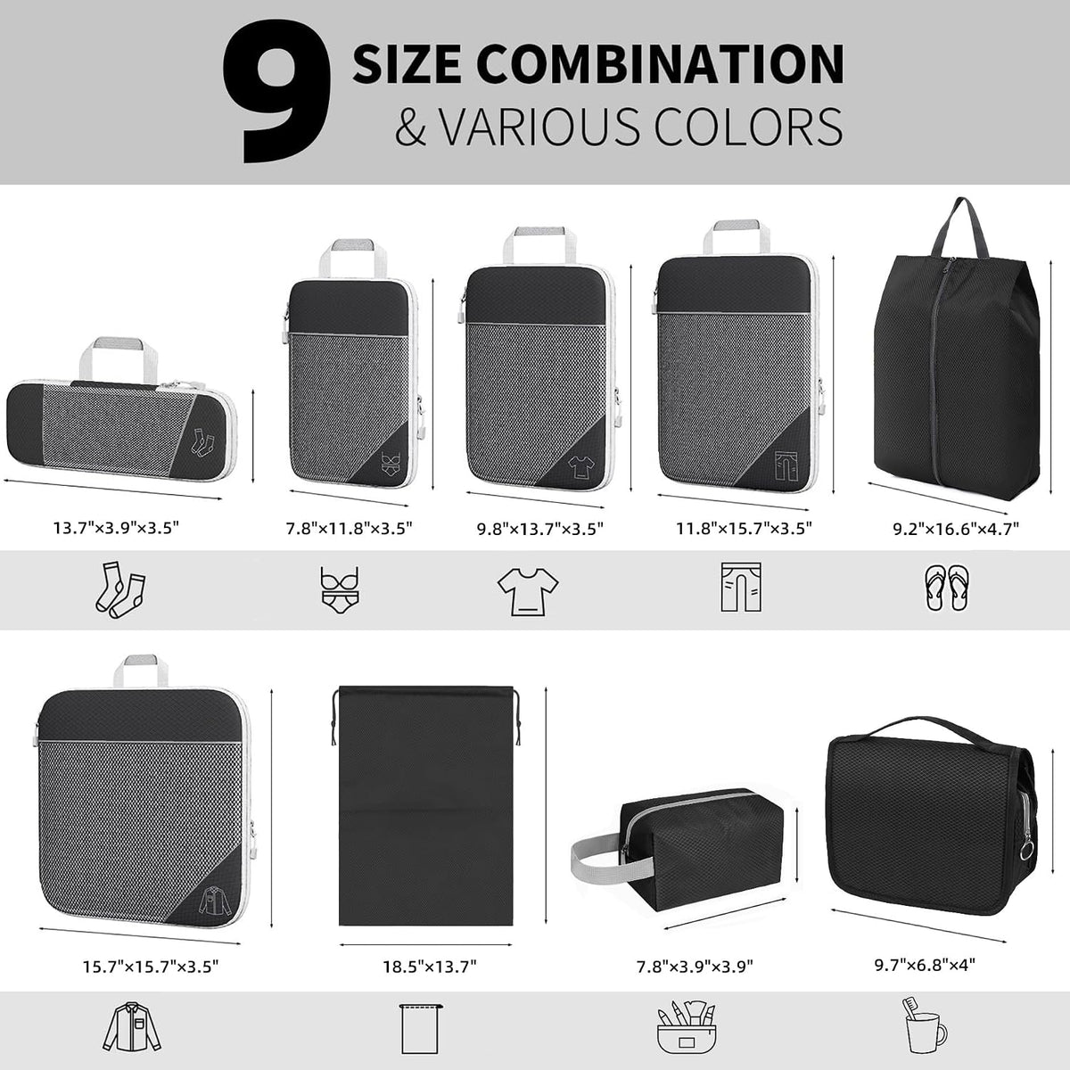 9-Set Packing Cubes with Hanging Bag | 9-Size Combination, Mesh Fabric & Reflective Stripe | Travel Luggage Organizers (Black)