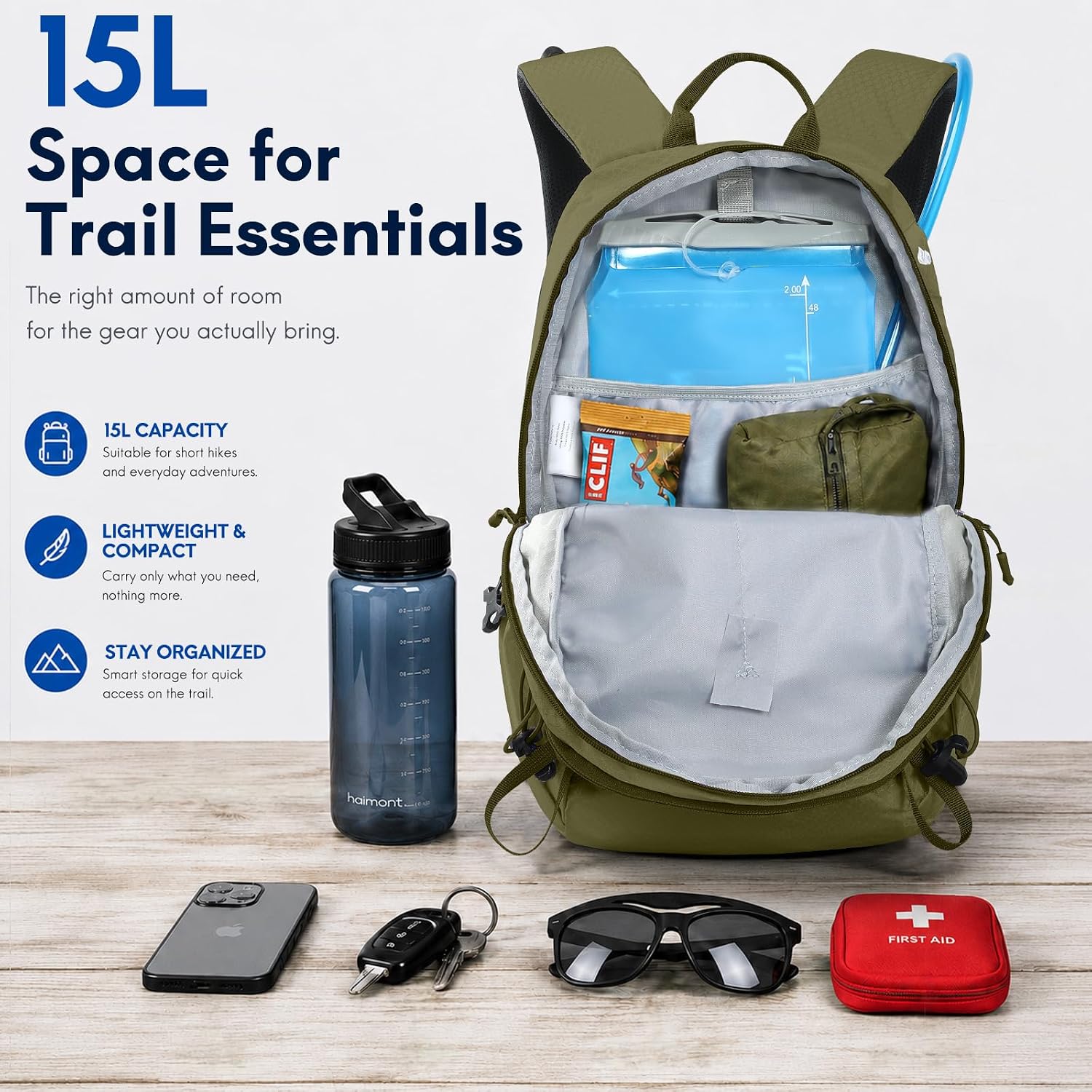 Haimont 15L Lightweight Hiking Daypack, Green
