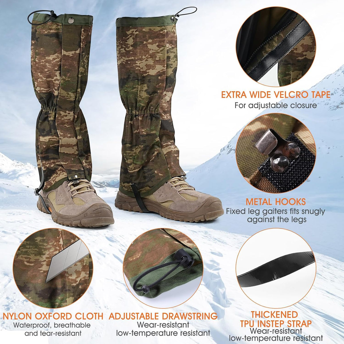 Waterproof Hiking Gaiters, Outdoor Snow Boot Gaiters