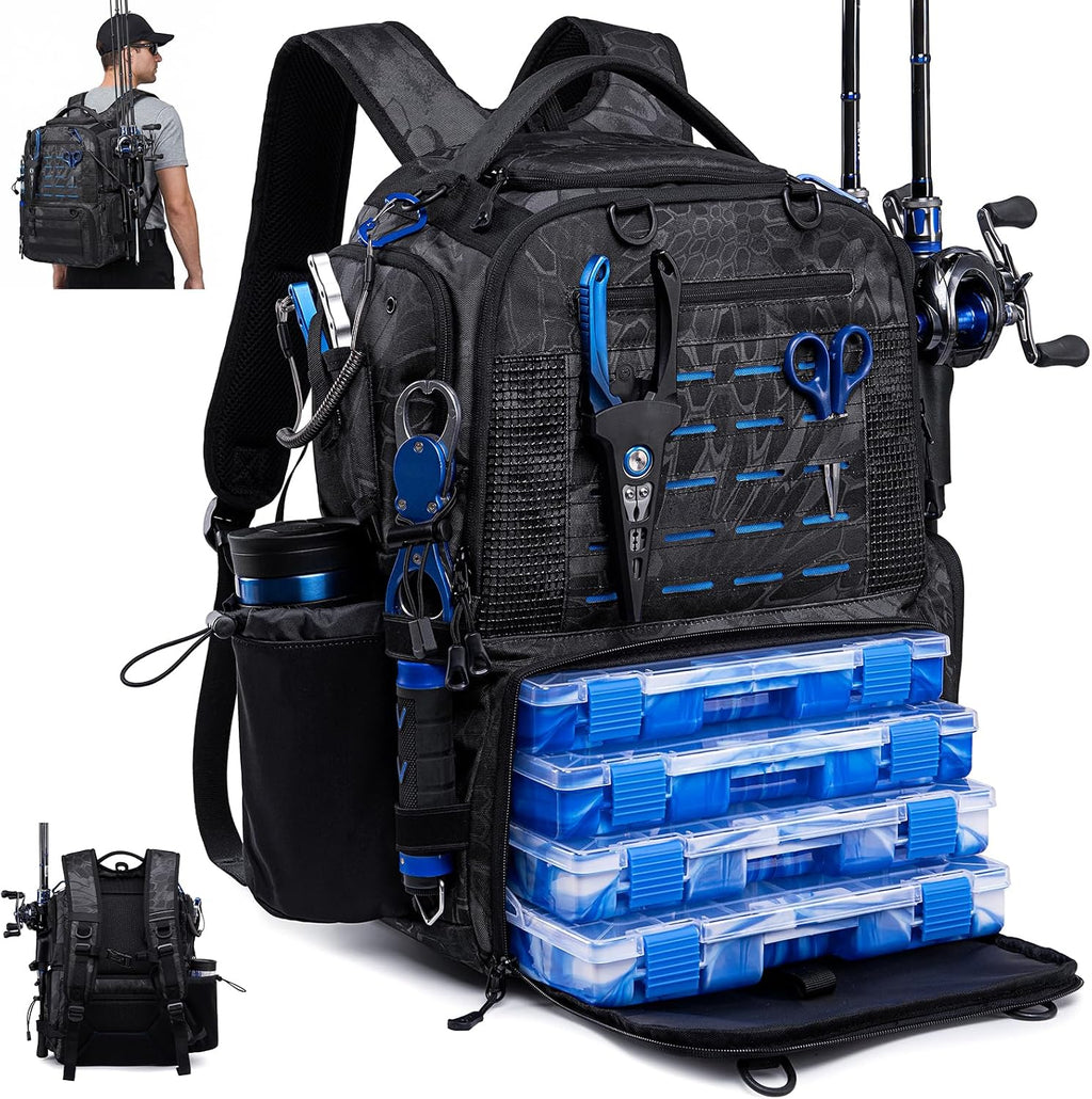 Fishing Tackle Backpack with 2 rod holders & 4 Tackle Boxes