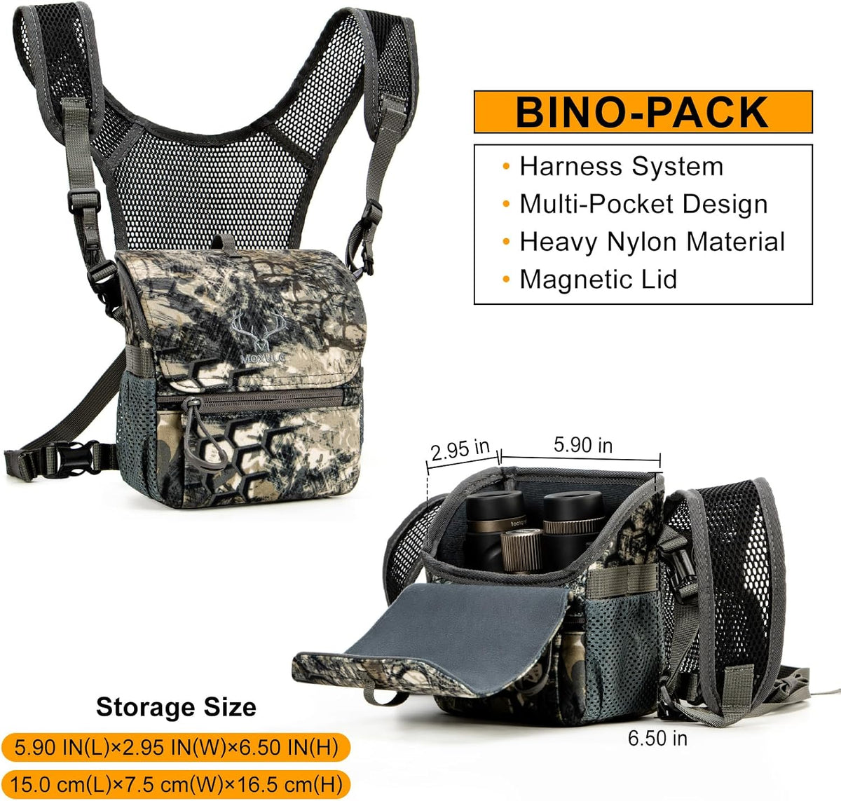 MOXULE Binocular Harness Chest Pack: Bino Case, Magnetic Lid, Rain Cover