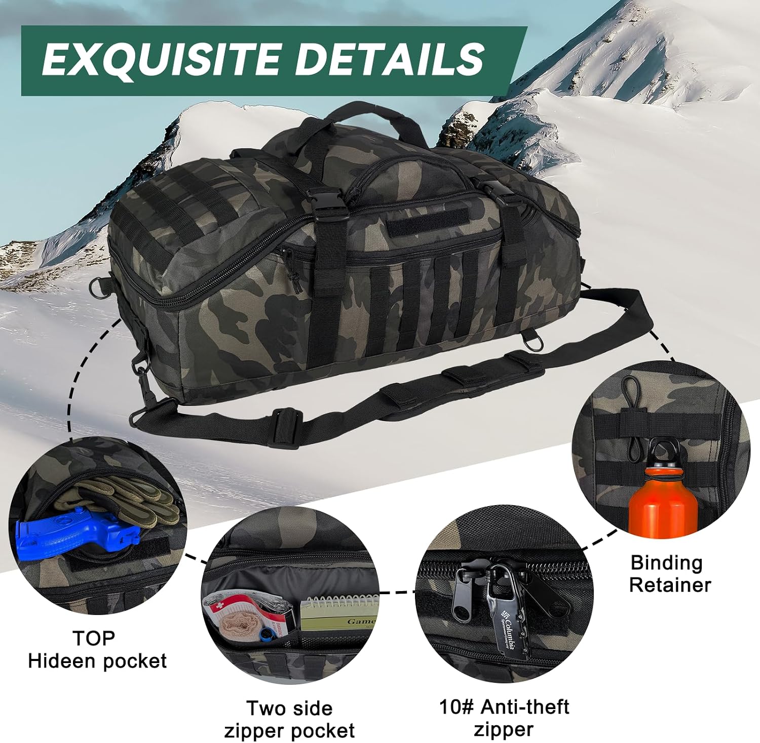 Hannibal Tactical 65L Large Duffle Bag, 3-in-1 Tactical Backpack MOLLE Pack for Sports, Gym, Outdoor, Black Camo