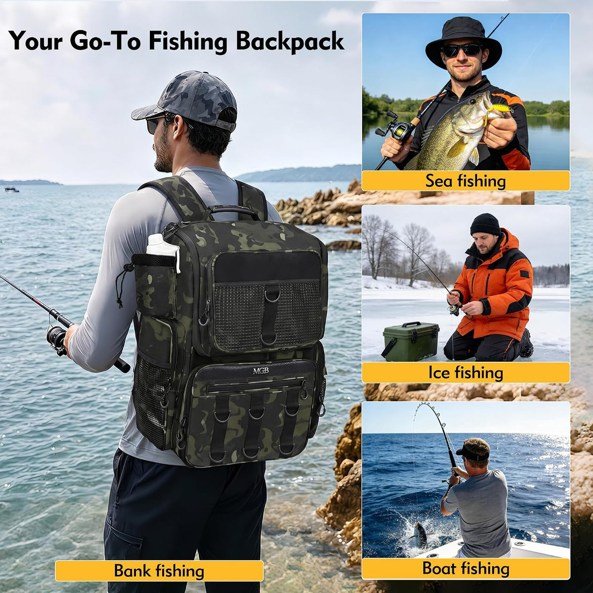 MGB Fishing Backpack, 46L Water-resistant Fishing Tackle Backpack