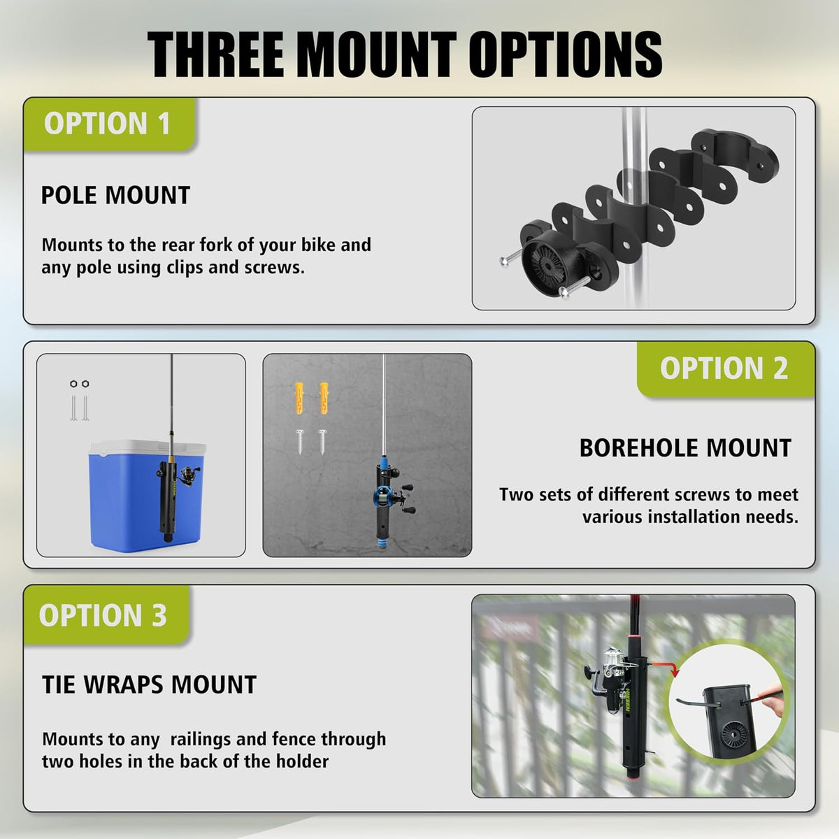 Hikeen Fishing Rod Holder for Bike, Adjustable Pole Mount Fishing Rod Rack for Bicycle, Beach Car, Fishing Chair, ATVS, Boats, Carts