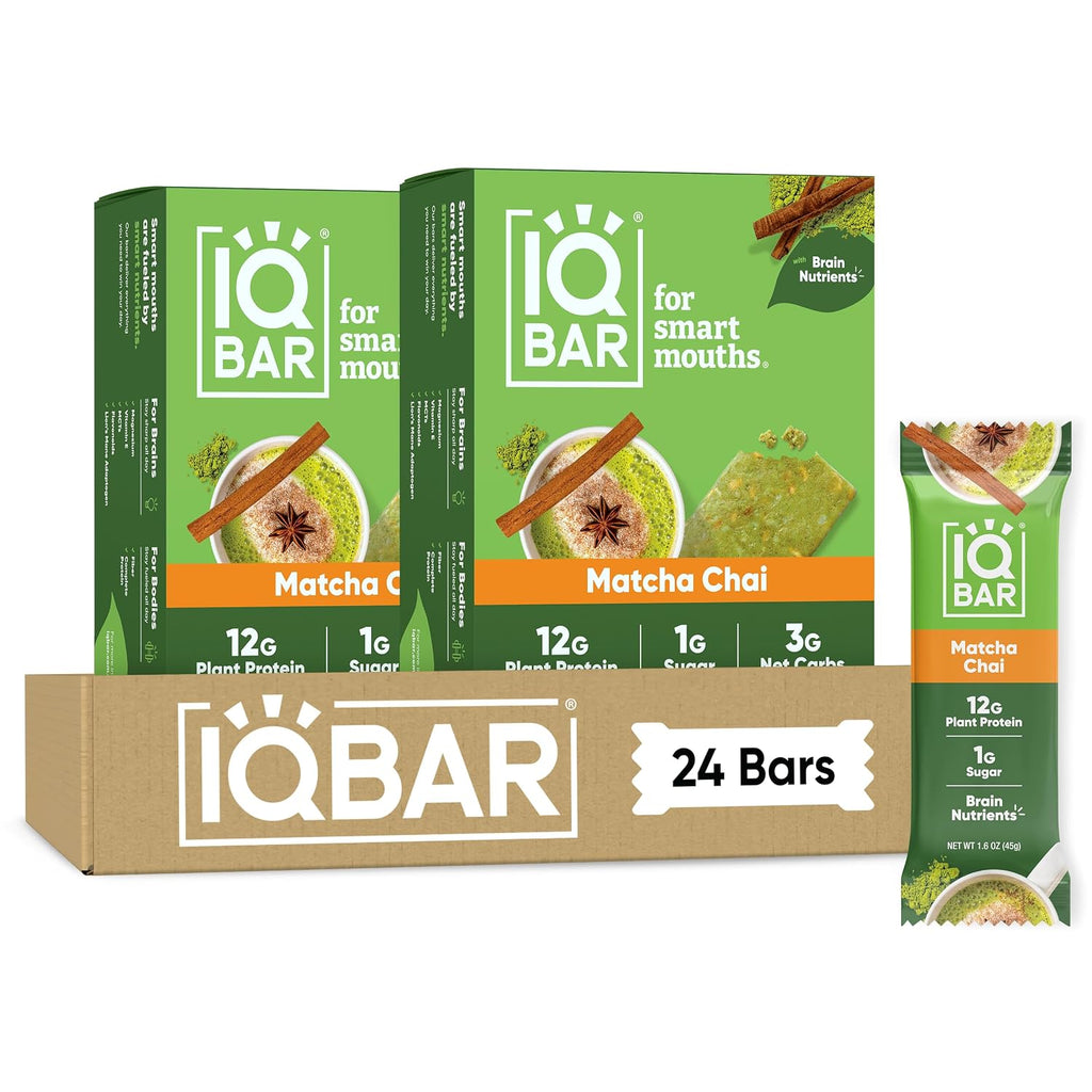 IQBAR Clean Protein Bars, Low Sugar Keto, Matcha Chai 24-Count