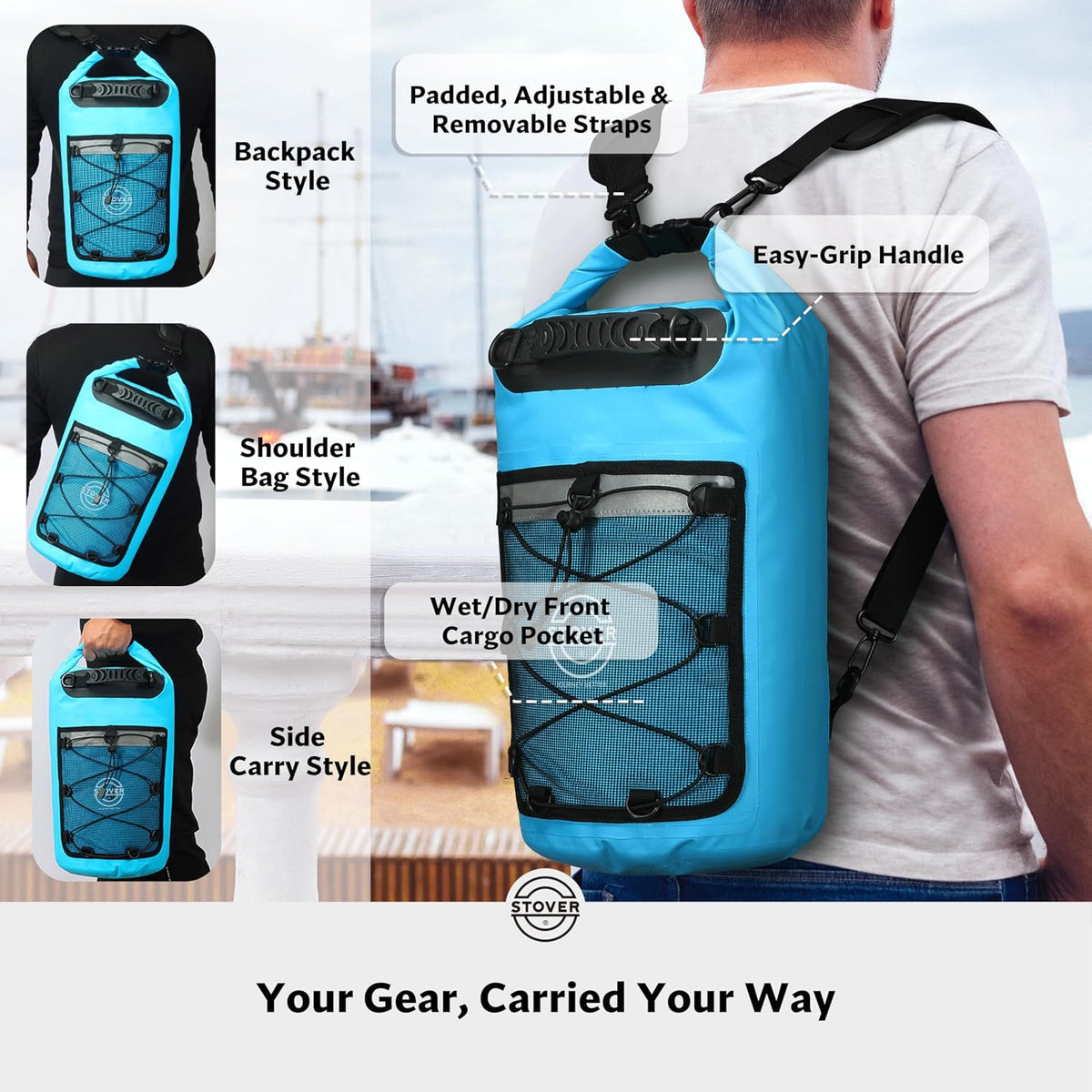 STOVER 5/10/25/30/40L Waterproof Dry Backpack & Phone Case- Large Floating Dry Bag for Kayaking, Travel, Hiking, Fishing, Camping, Motorcycles & Beach, Heavy-Duty Roll Top Men/Women (Blue)